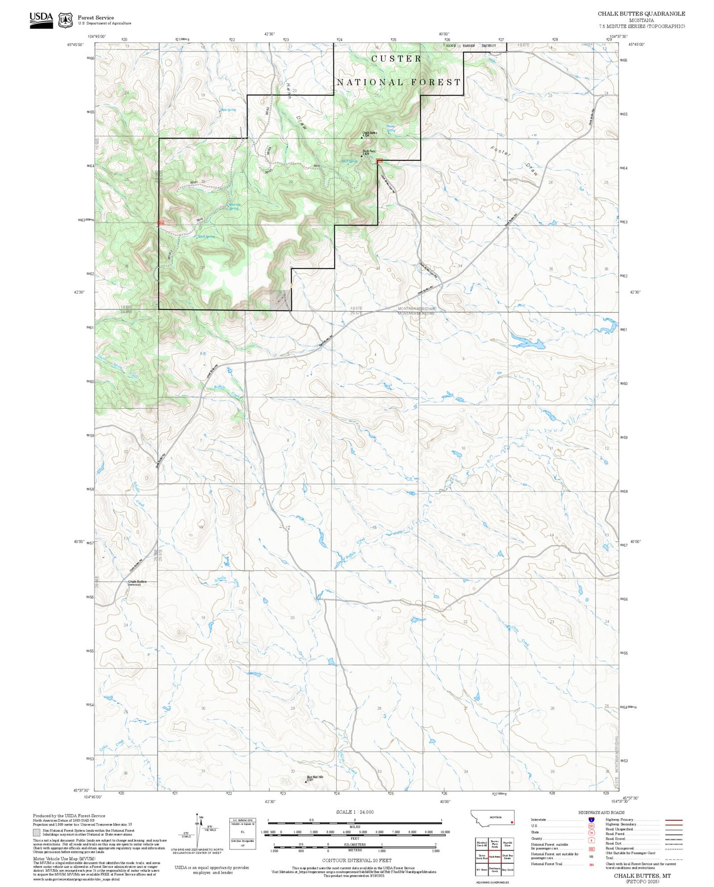 2025 Forest Service Topo Map of Chalk Buttes Montana