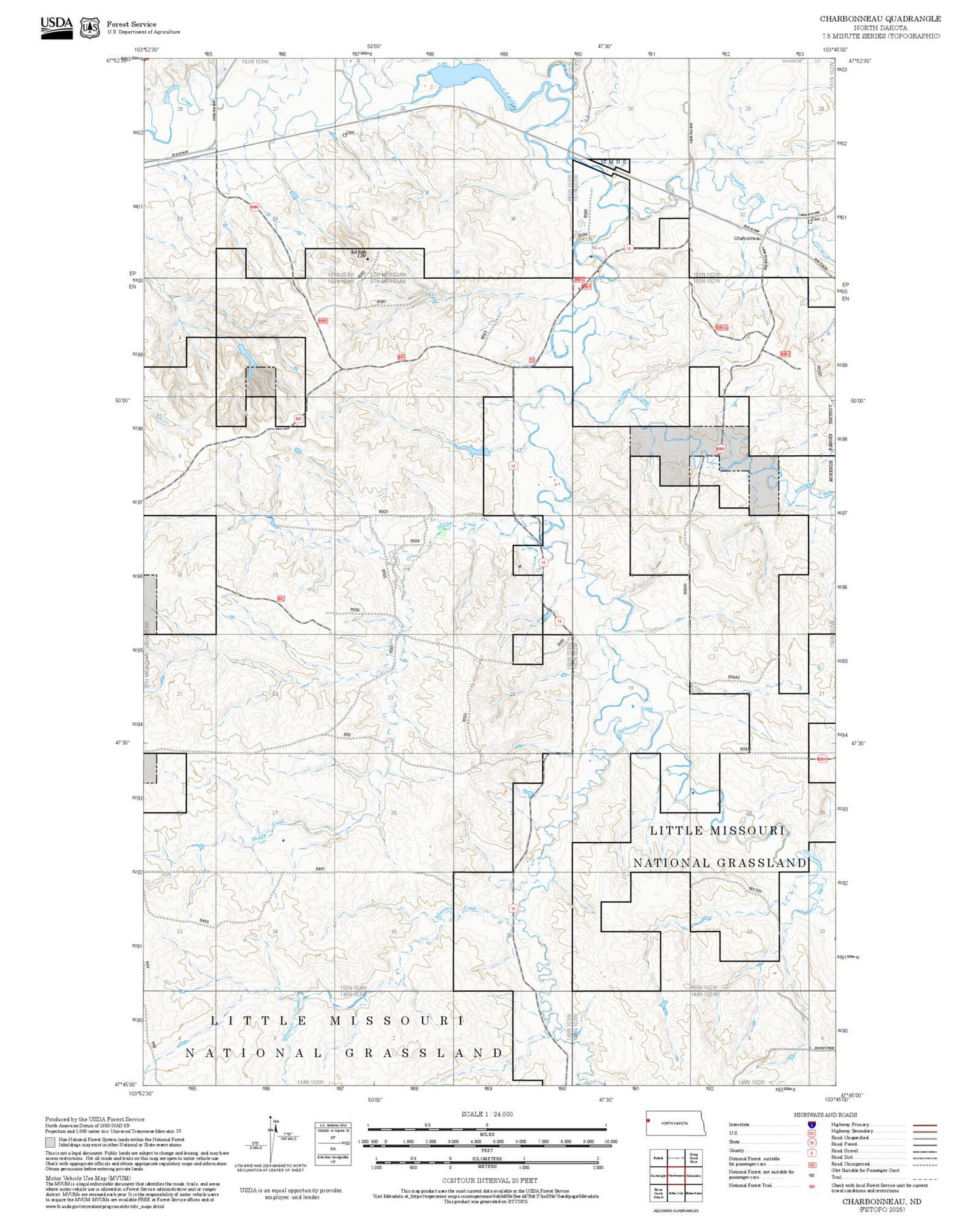 2025 Forest Service Topo Map of Charbonneau North Dakota