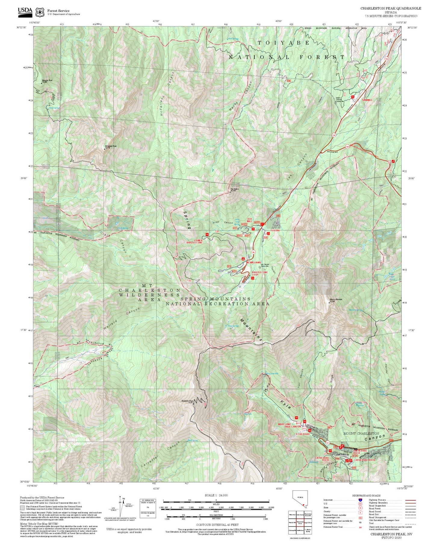 2025 Forest Service Topo Map of Charleston Peak Nevada