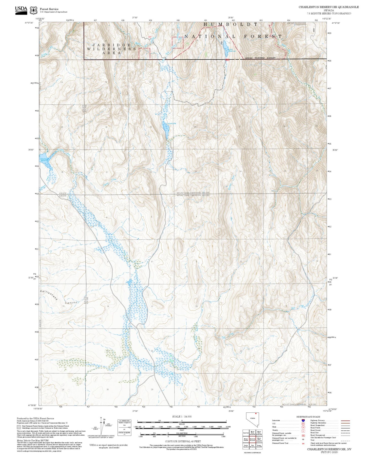 2025 Forest Service Topo Map of Charleston Reservoir Nevada