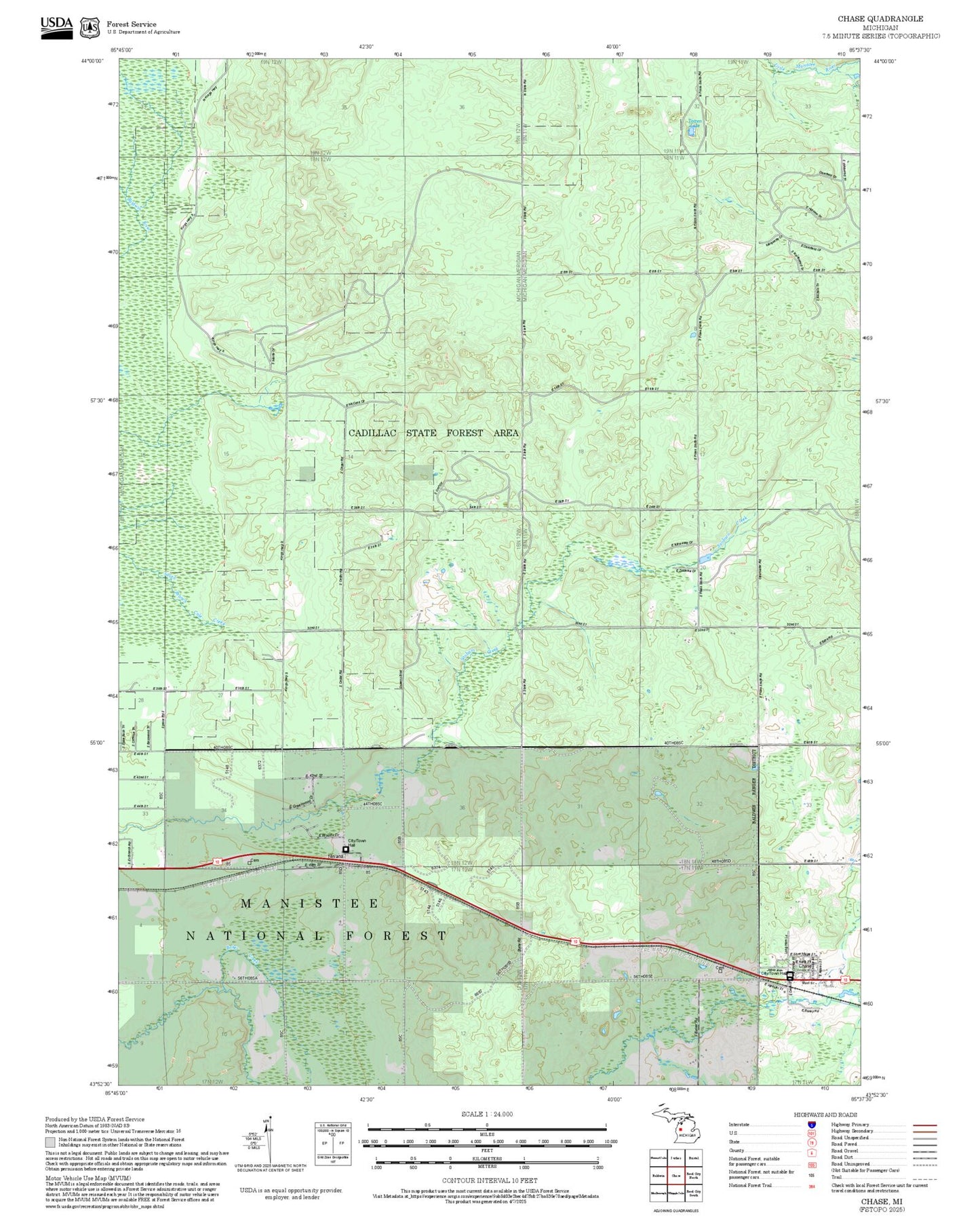 2025 Forest Service Topo Map of Chase Michigan