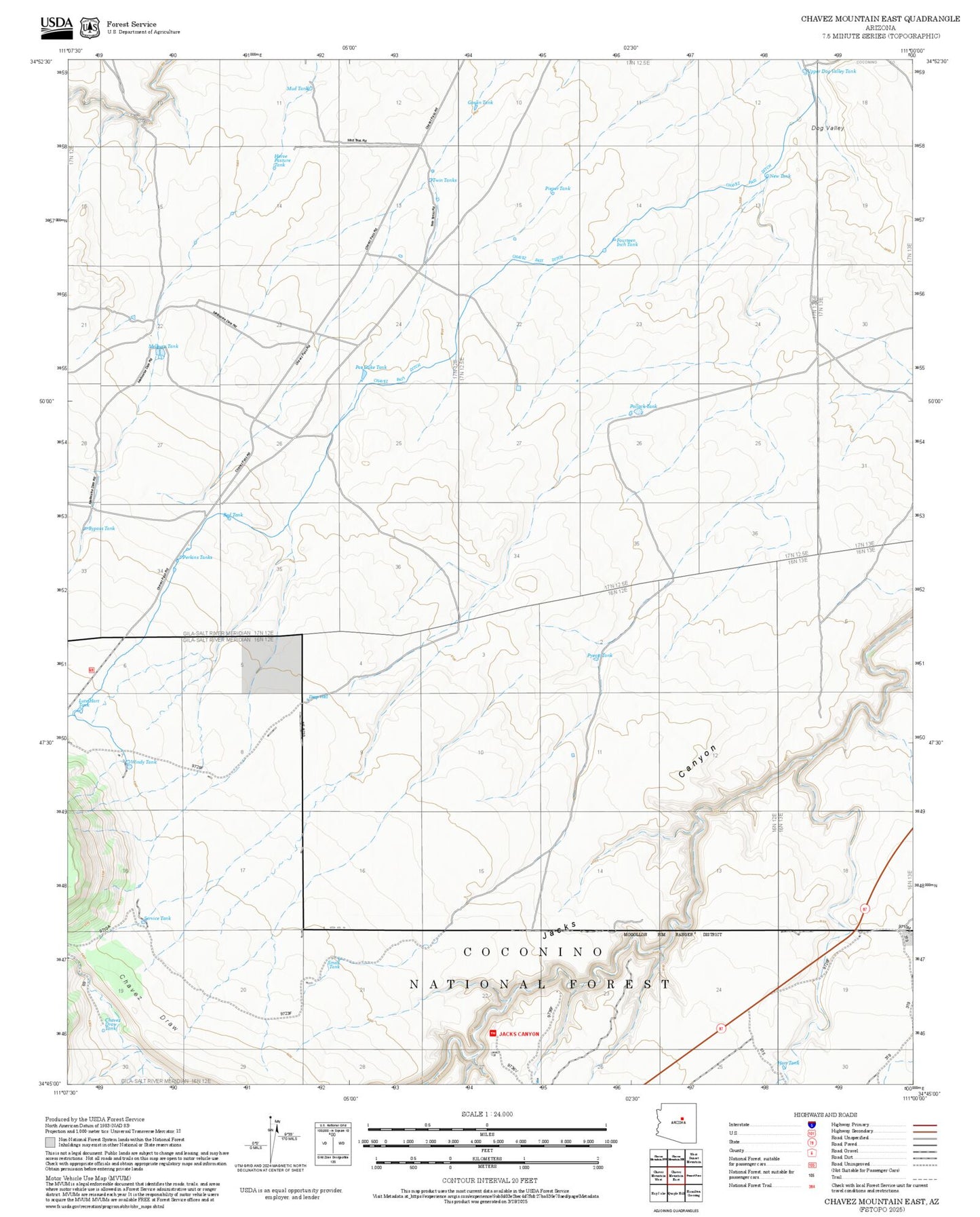 2025 Forest Service Topo Map of Chavez Mountain East Arizona