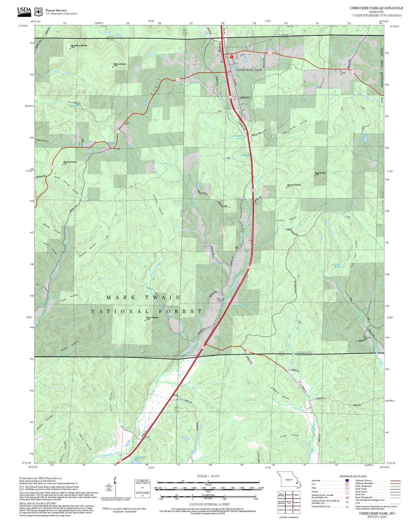 2025 Forest Service Topo Map of Cherokee Pass Missouri