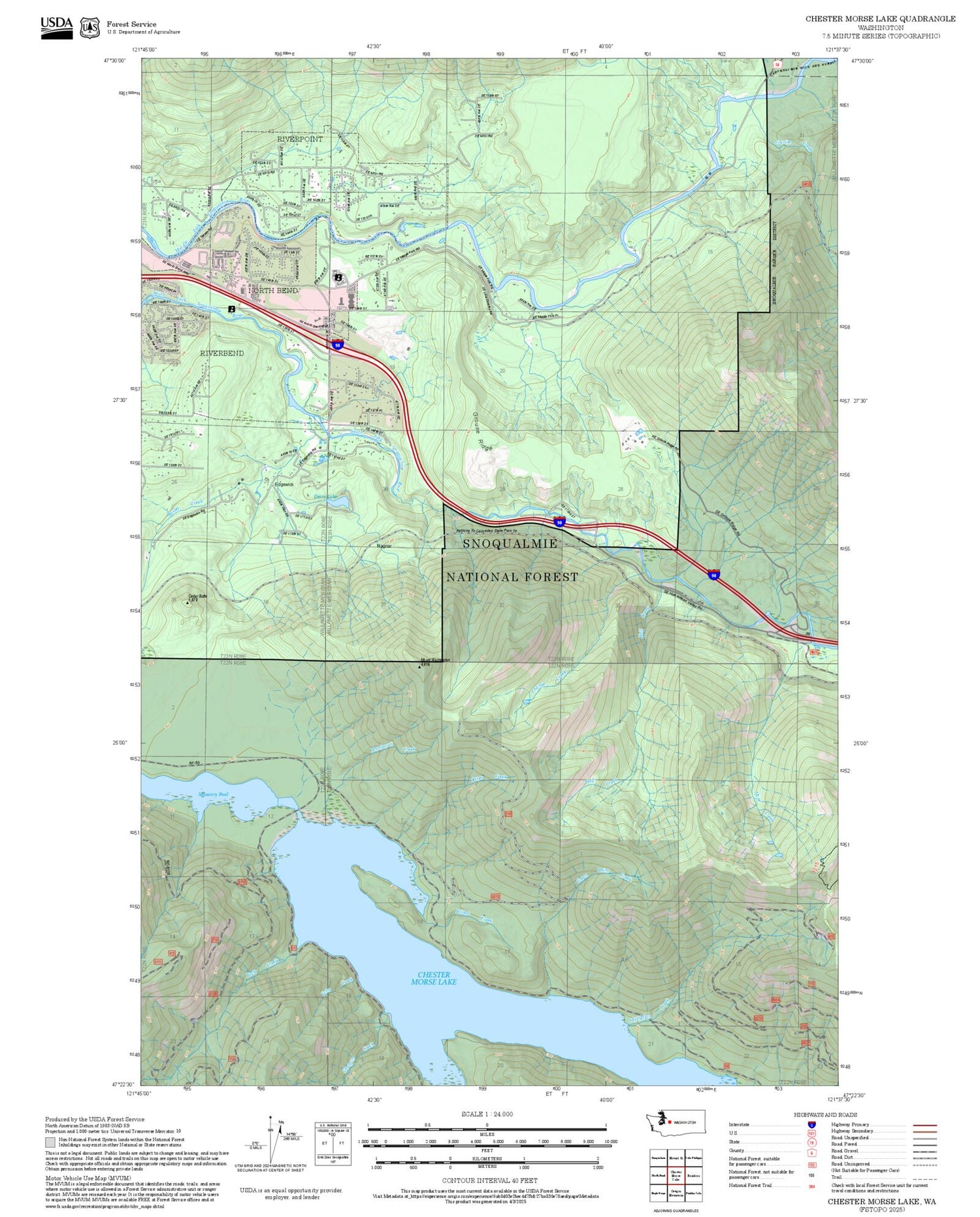 2025 Forest Service Topo Map of Chester Morse Lake Washington