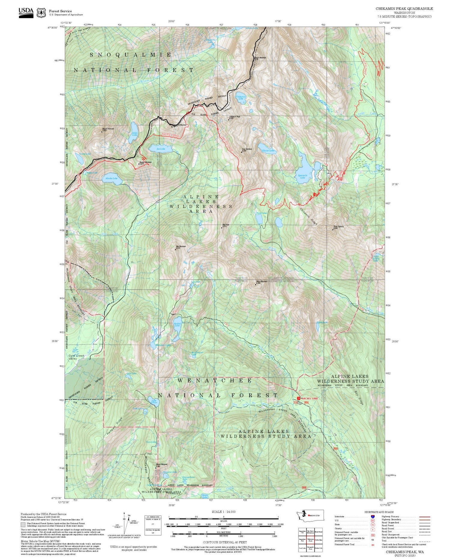 2025 Forest Service Topo Map of Chikamin Peak Washington