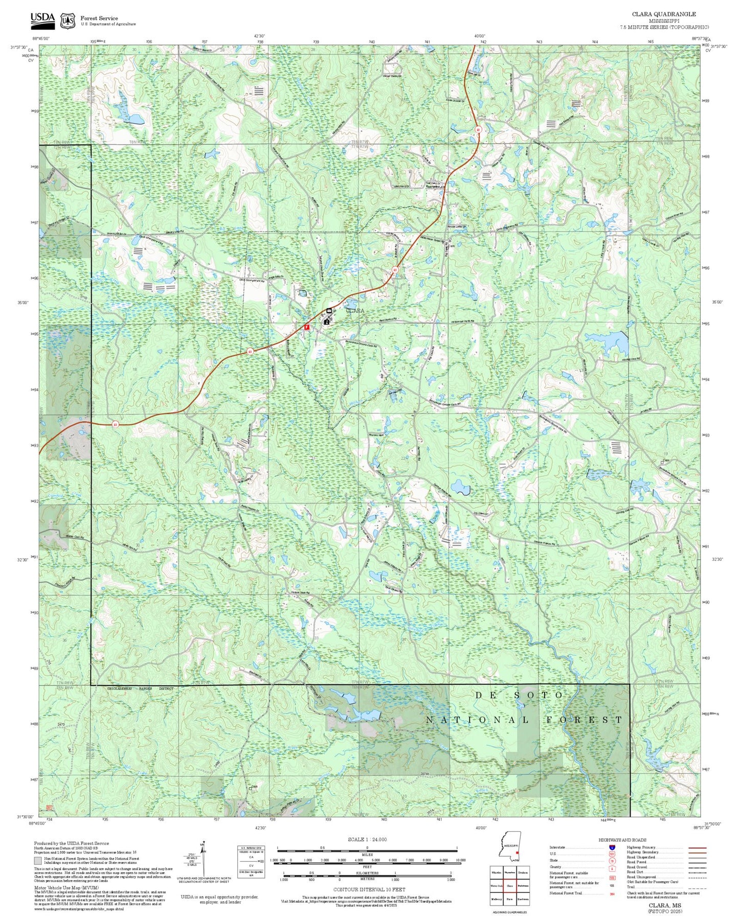 2025 Forest Service Topo Map of Clara Mississippi