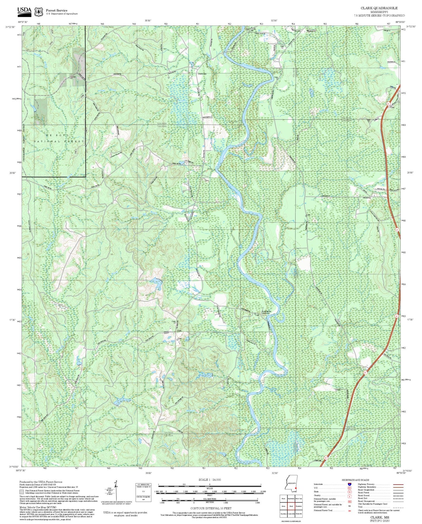 2025 Forest Service Topo Map of Clark Mississippi