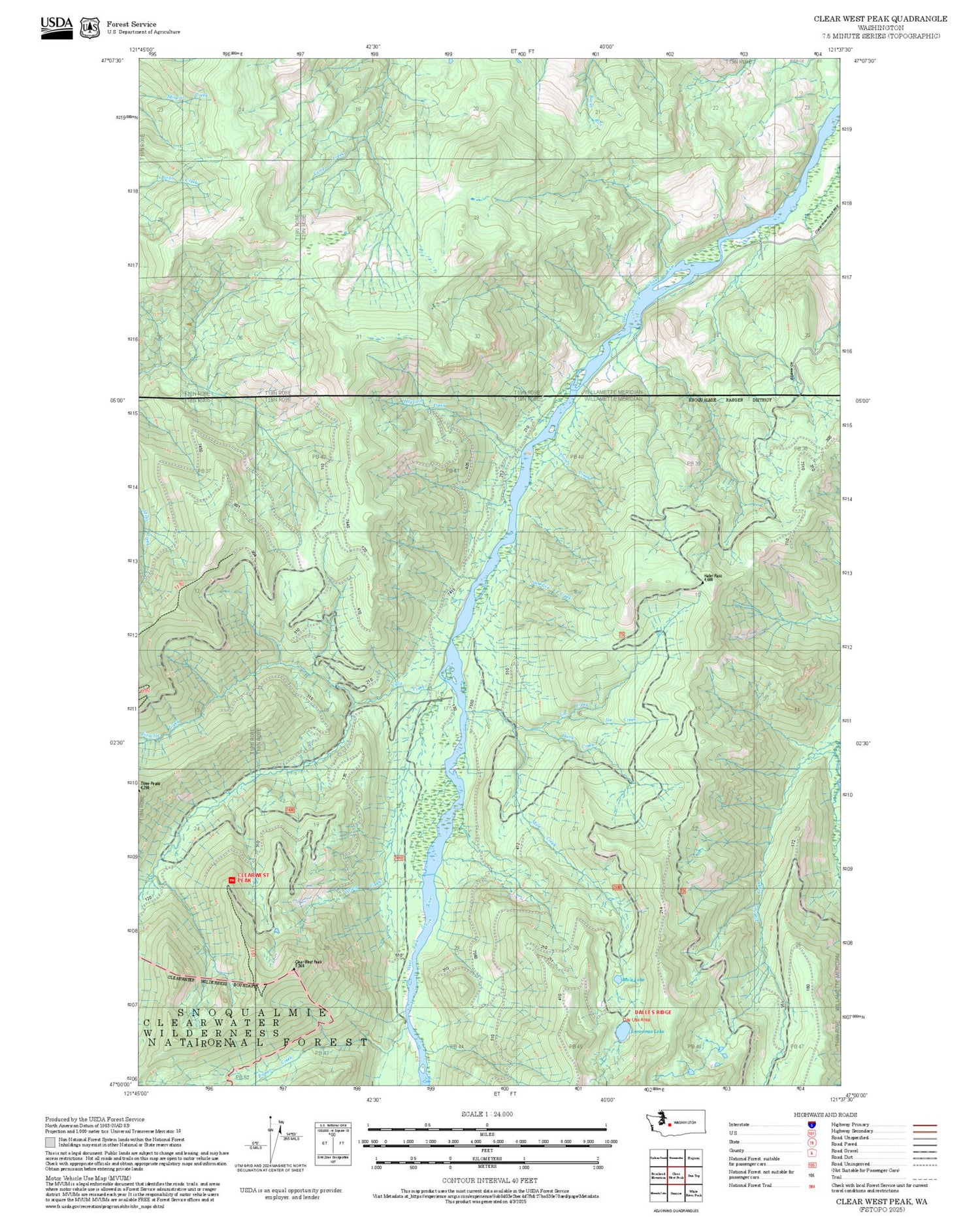 2025 Forest Service Topo Map of Clear West Peak Washington