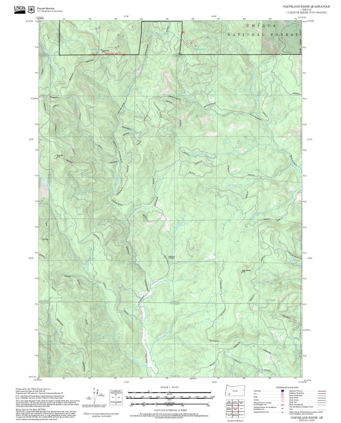 2025 Forest Service Topo Map of Cleveland Ridge Oregon