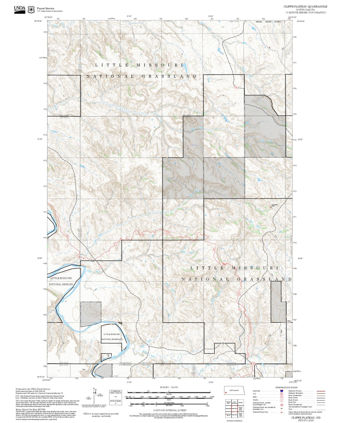 2025 Forest Service Topo Map of Cliffs Plateau North Dakota