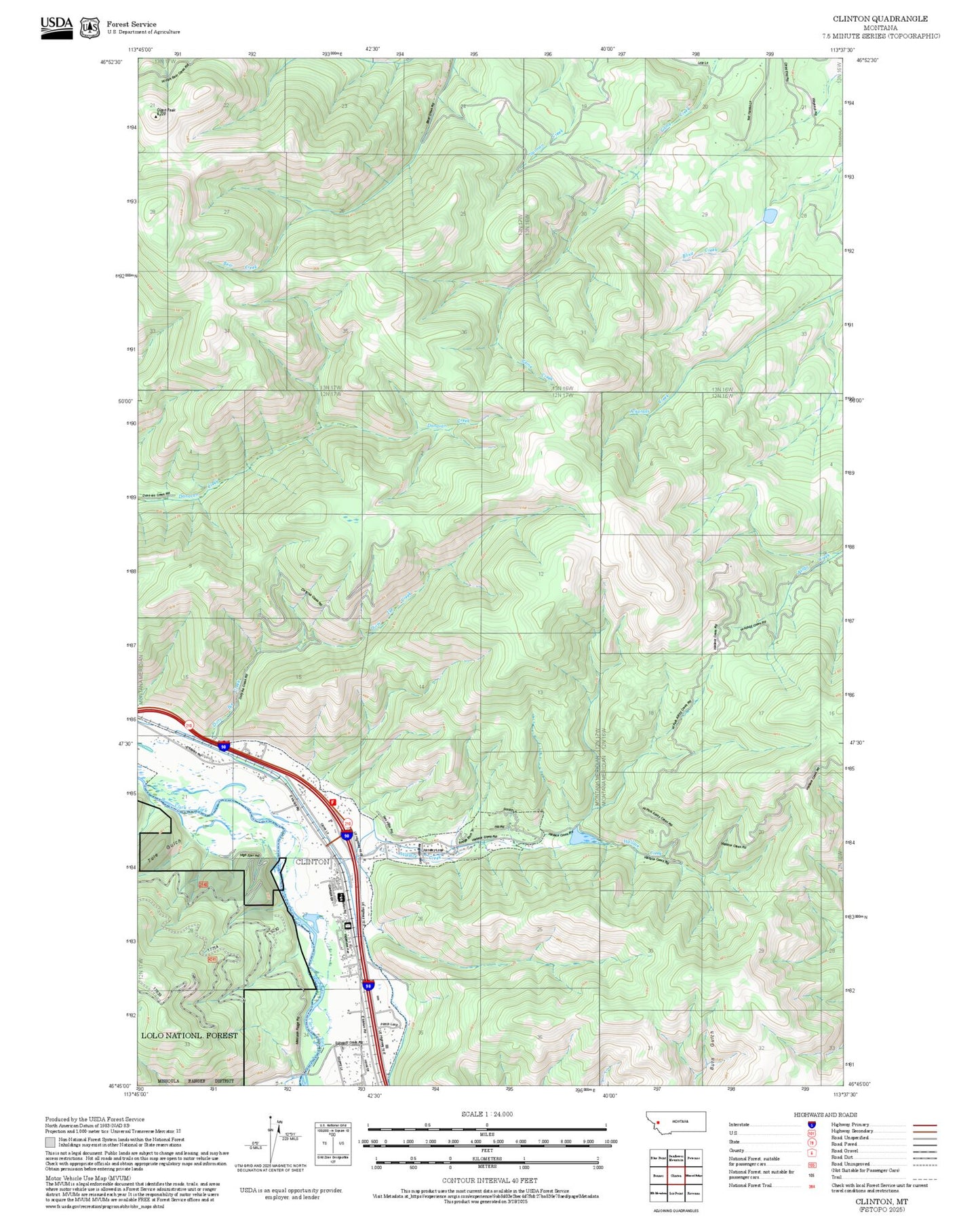 2025 Forest Service Topo Map of Clinton Montana