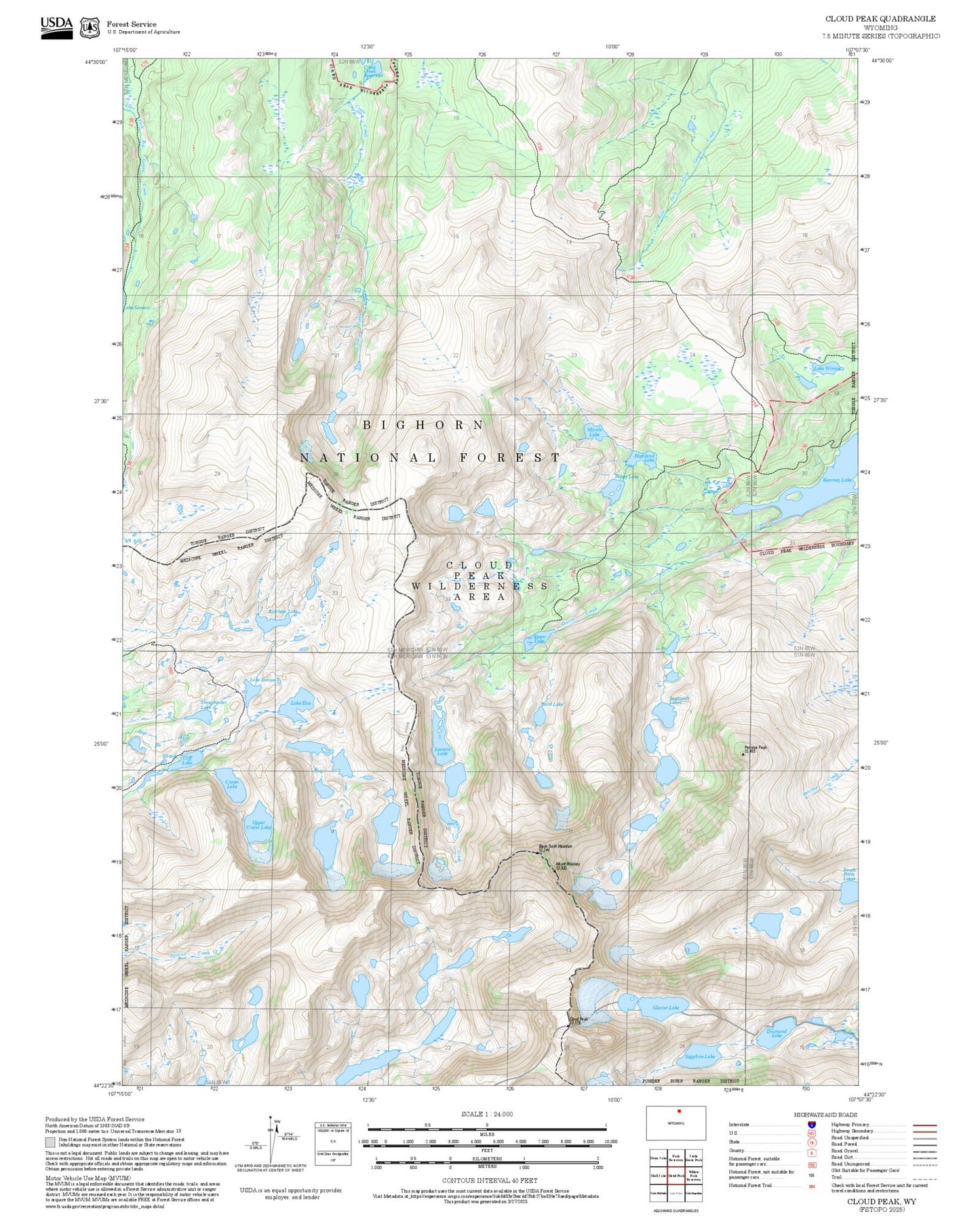 2025 Forest Service Topo Map of Cloud Peak Wyoming