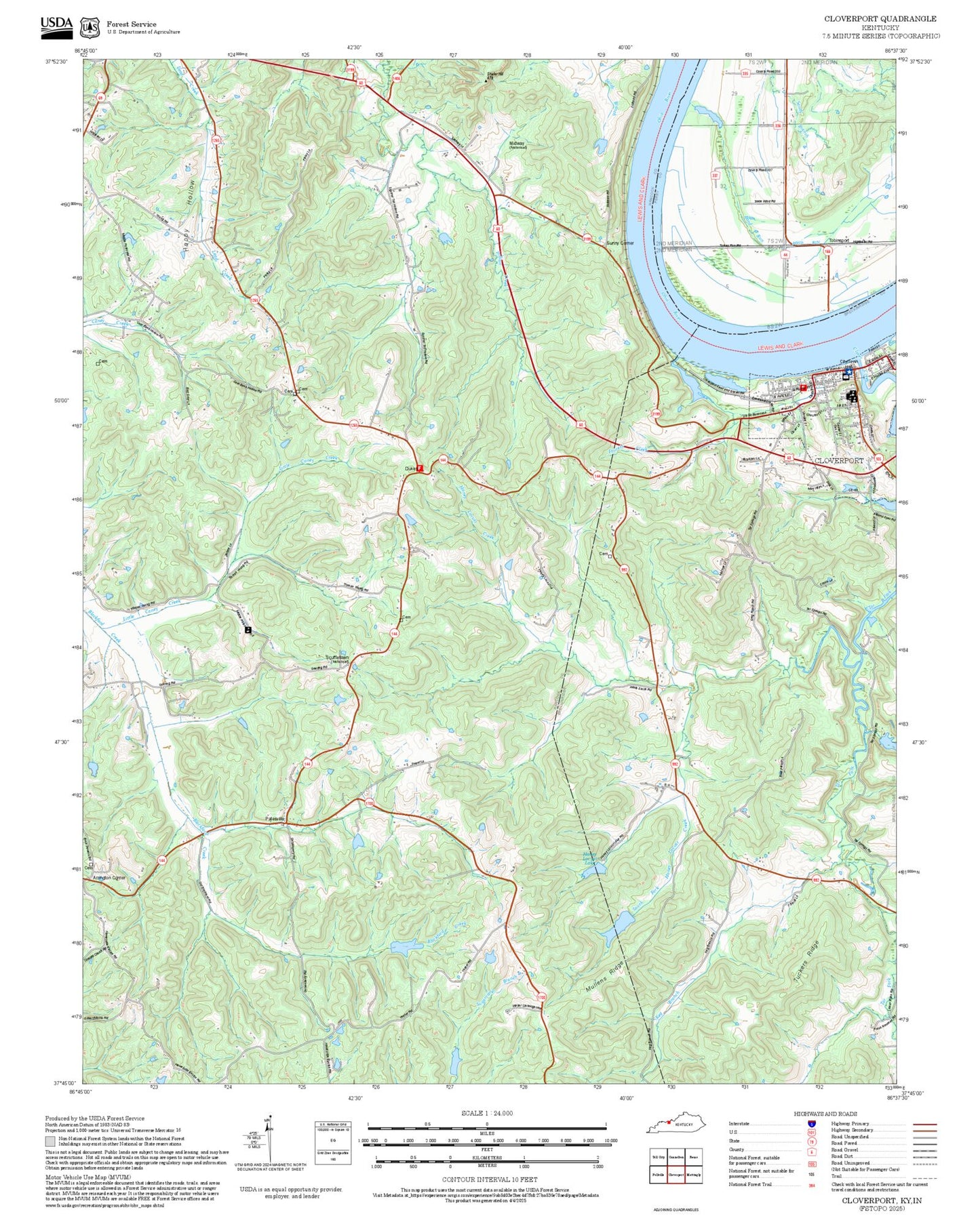2025 Forest Service Topo Map of Cloverport Kentucky