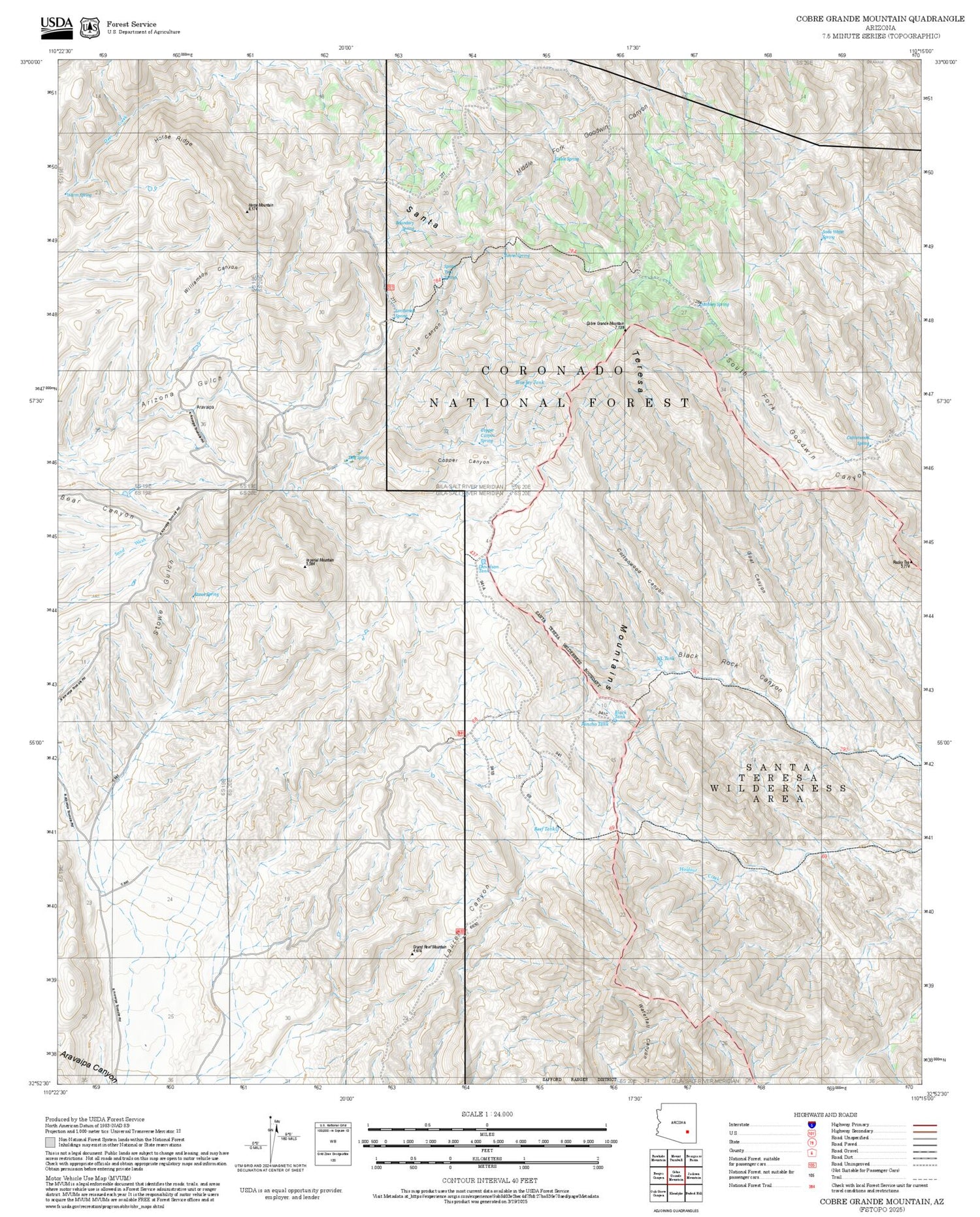 2025 Forest Service Topo Map of Cobre Grande Mountain Arizona