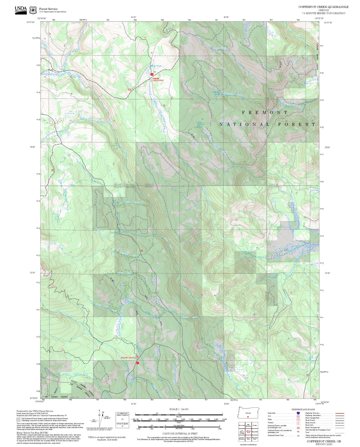 2025 Forest Service Topo Map of Coffeepot Creek Oregon
