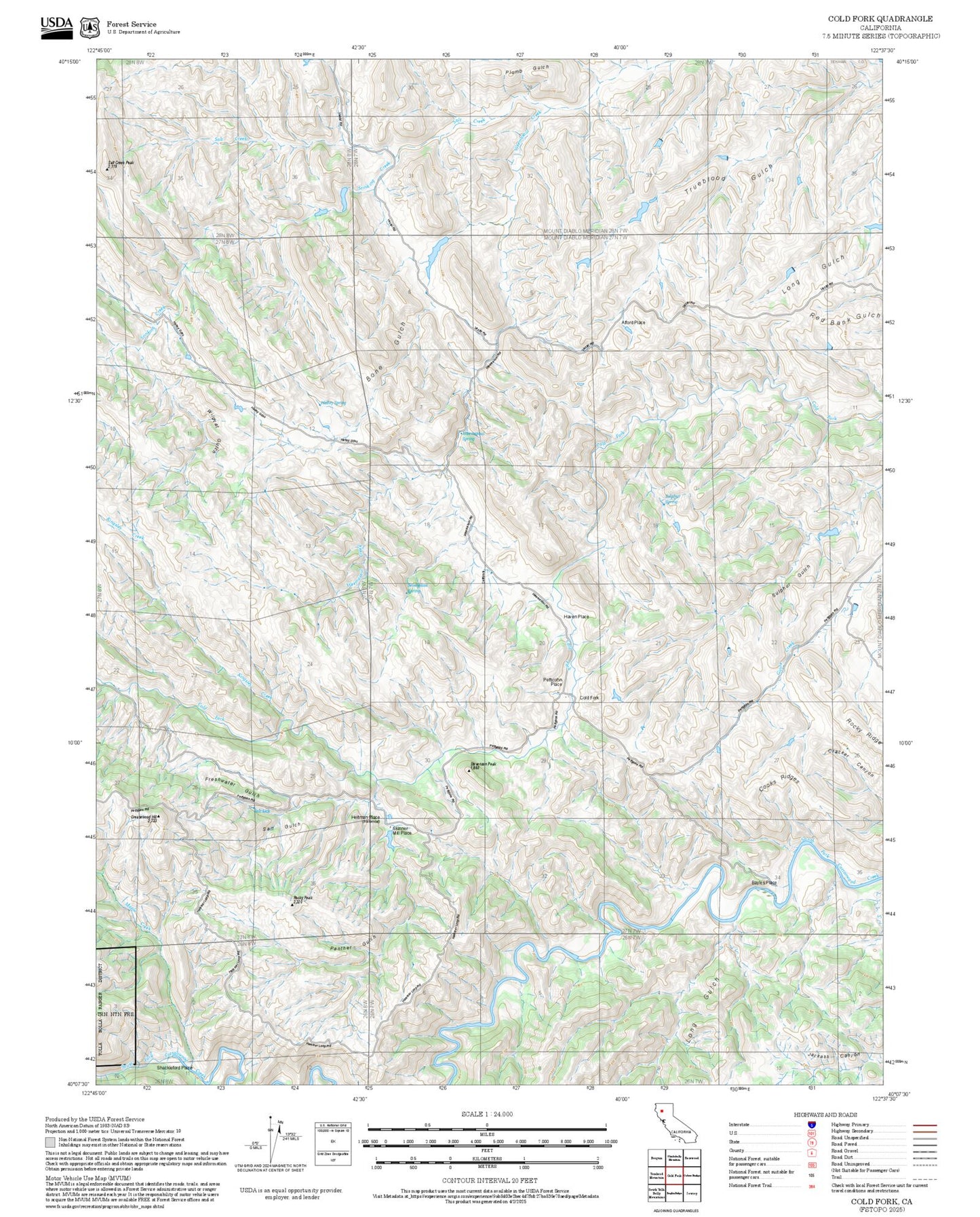 2025 Forest Service Topo Map of Cold Fork California