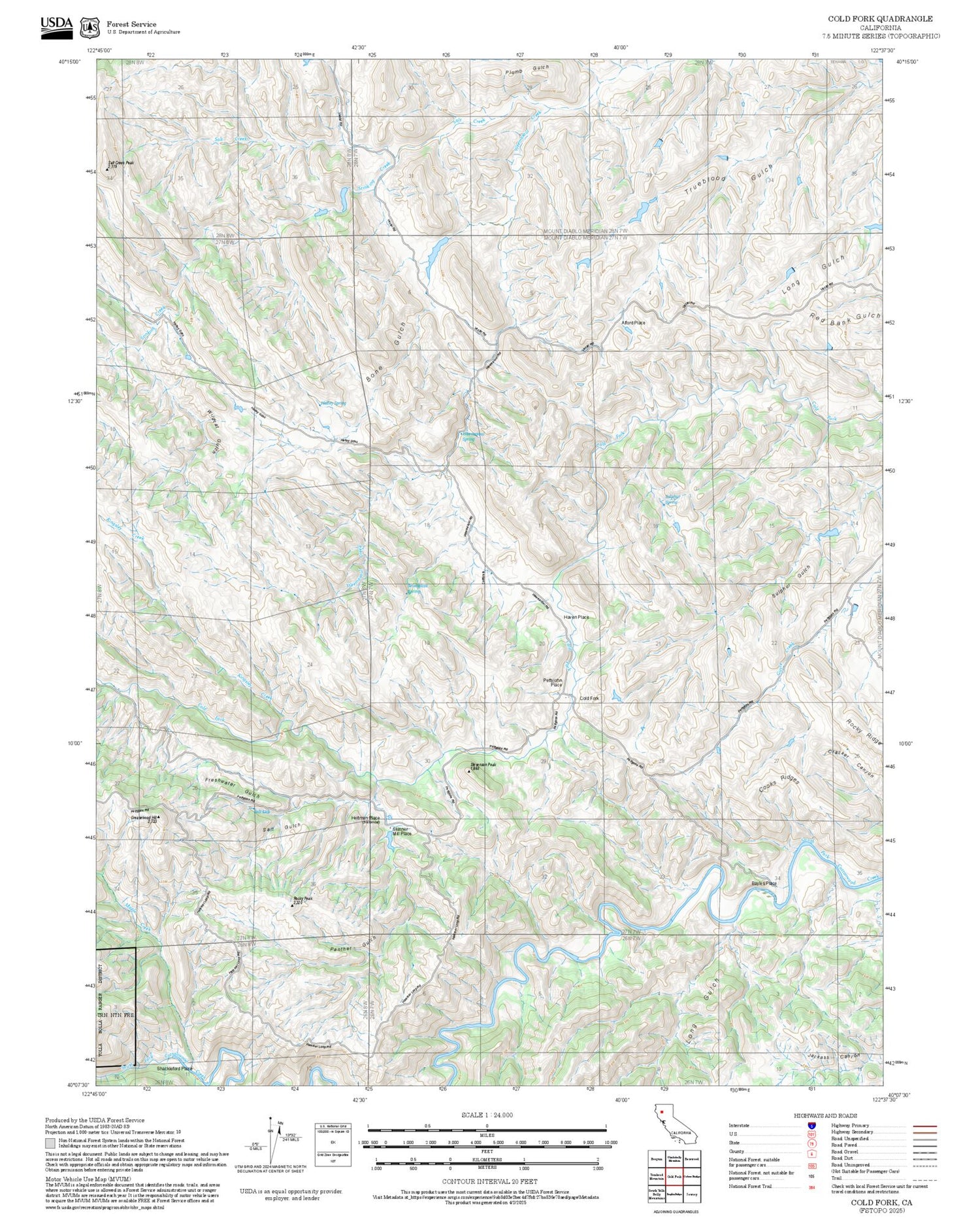 2025 Forest Service Topo Map of Cold Fork California