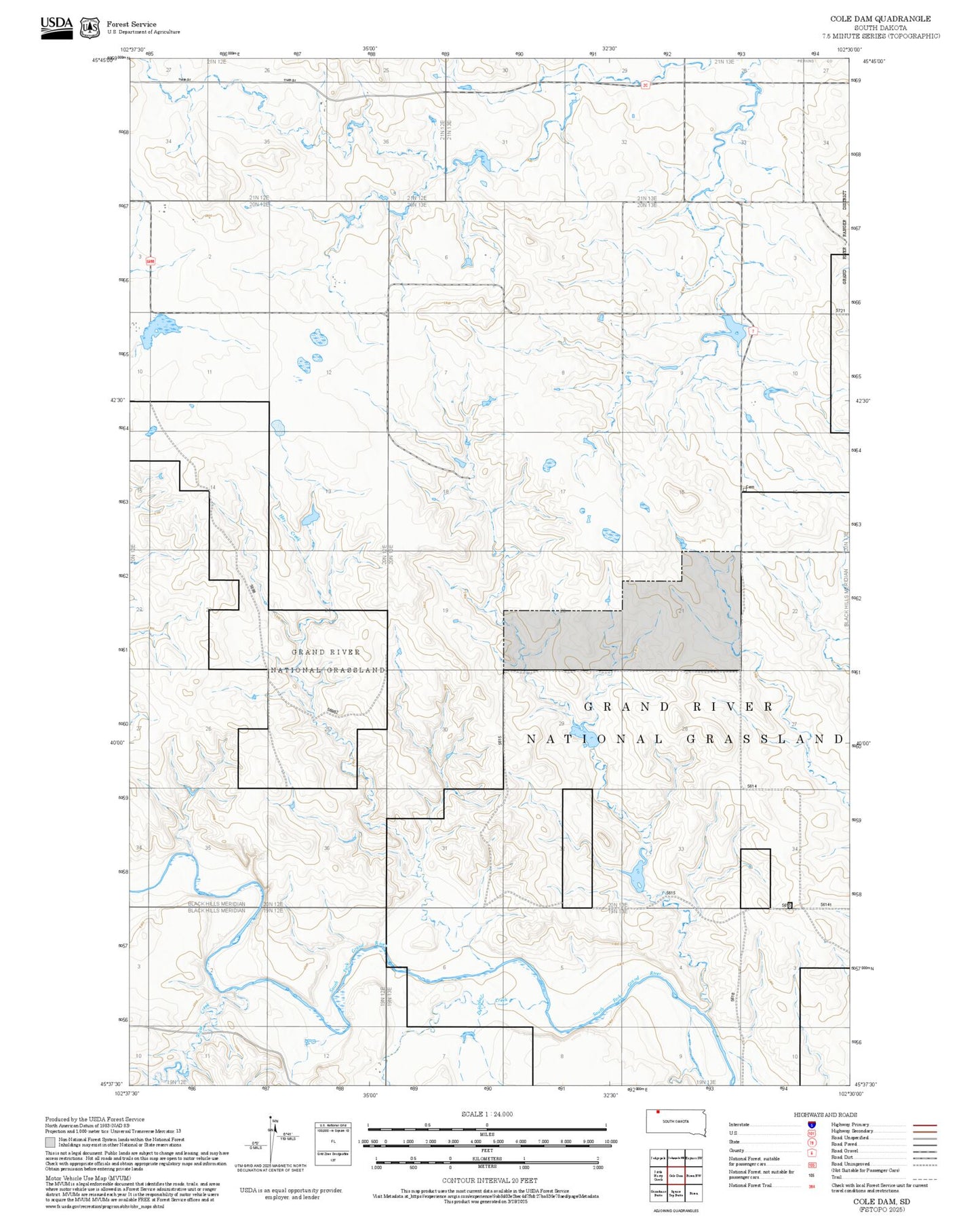 2025 Forest Service Topo Map of Cole Dam South Dakota