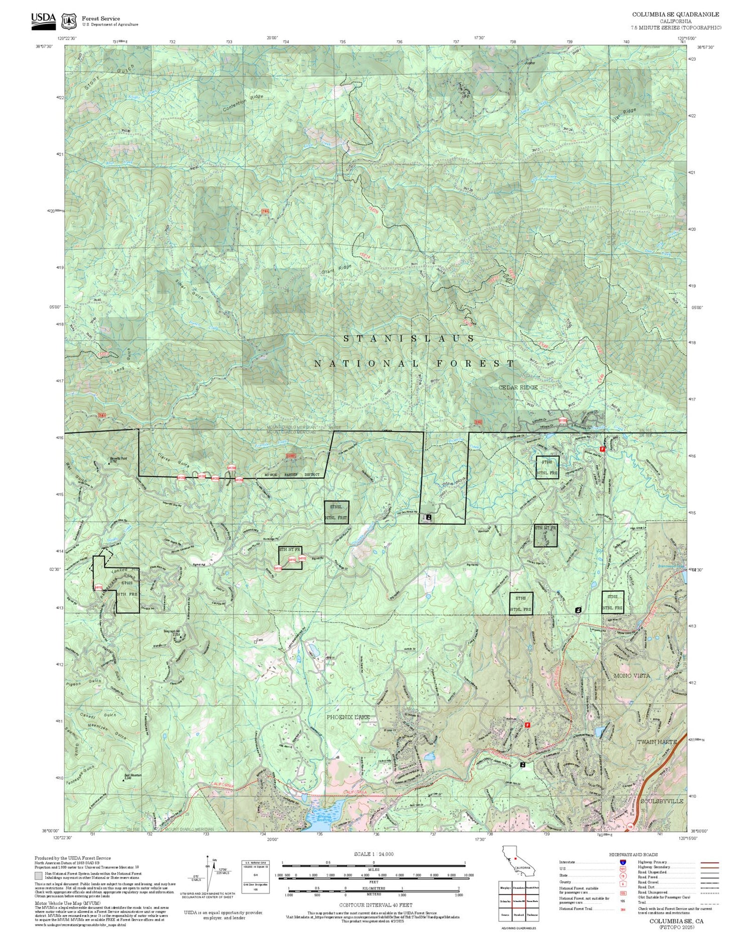 2025 Forest Service Topo Map of Columbia SE California