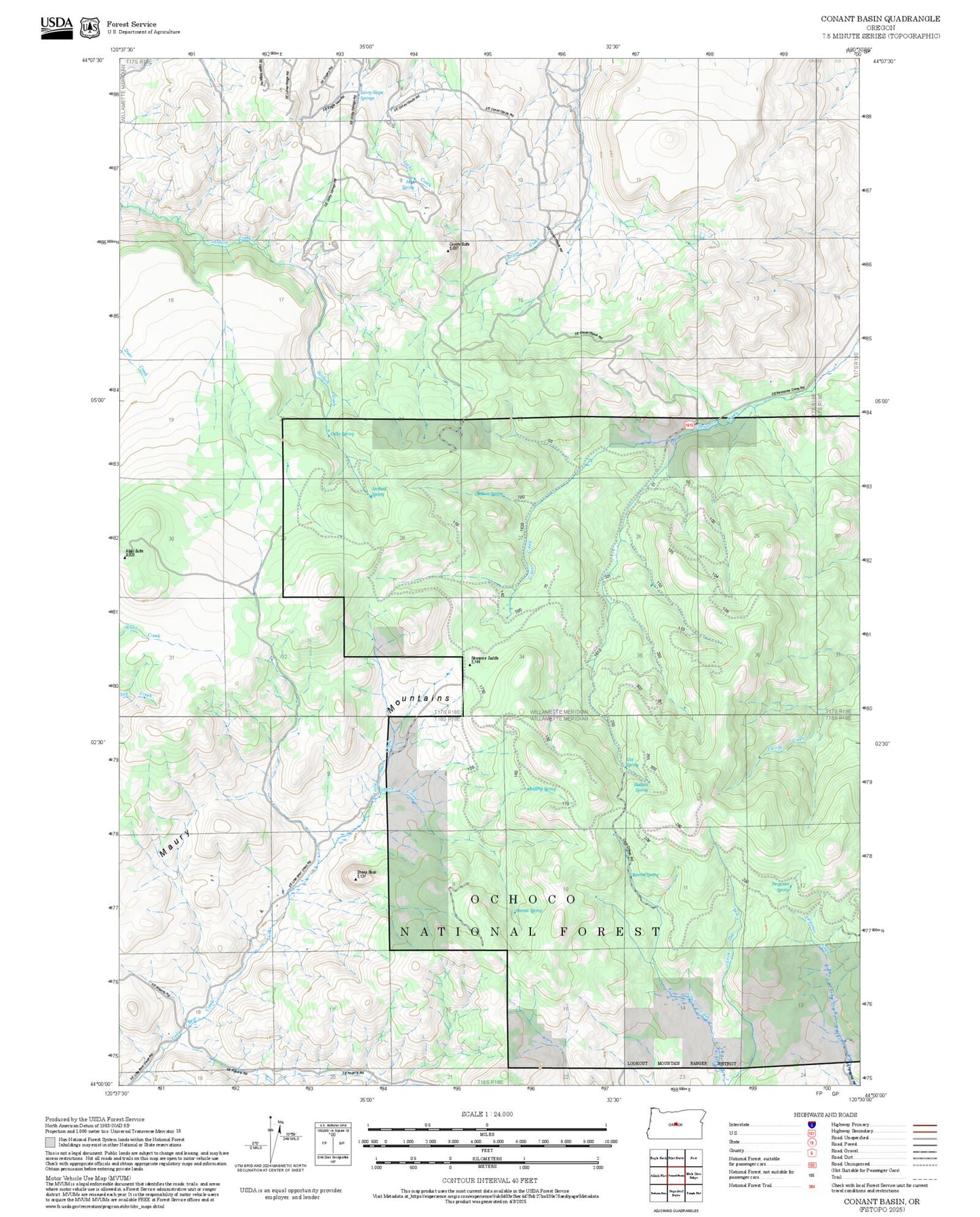 2025 Forest Service Topo Map of Conant Basin Oregon
