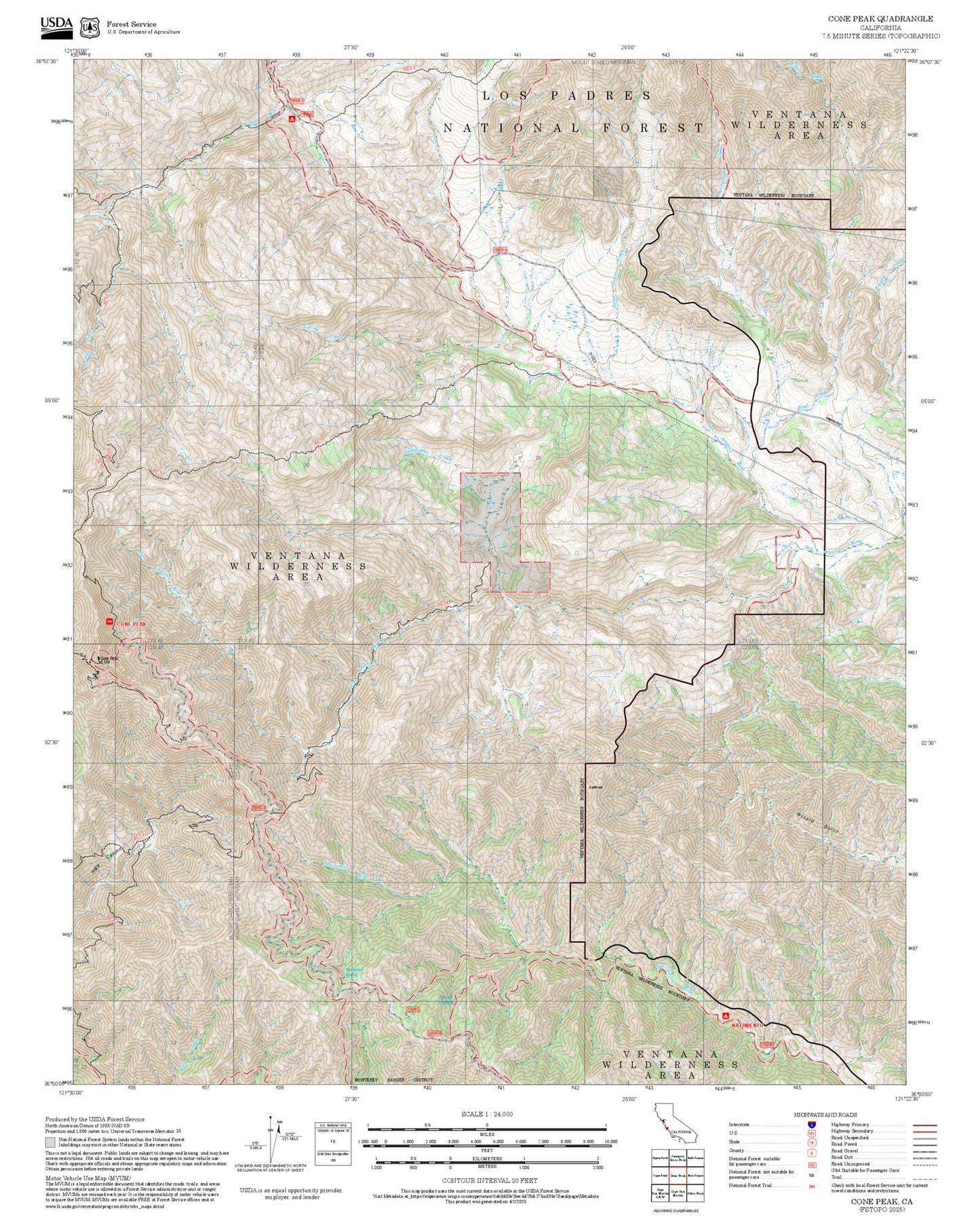 2025 Forest Service Topo Map of Cone Peak California