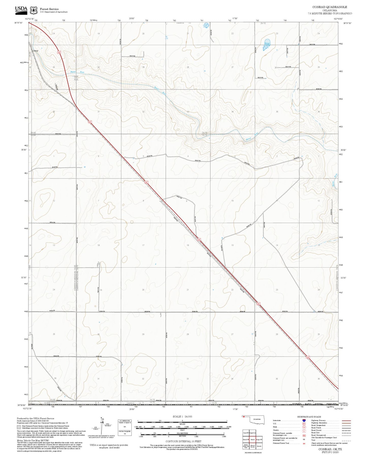 2025 Forest Service Topo Map of Conrad Oklahoma