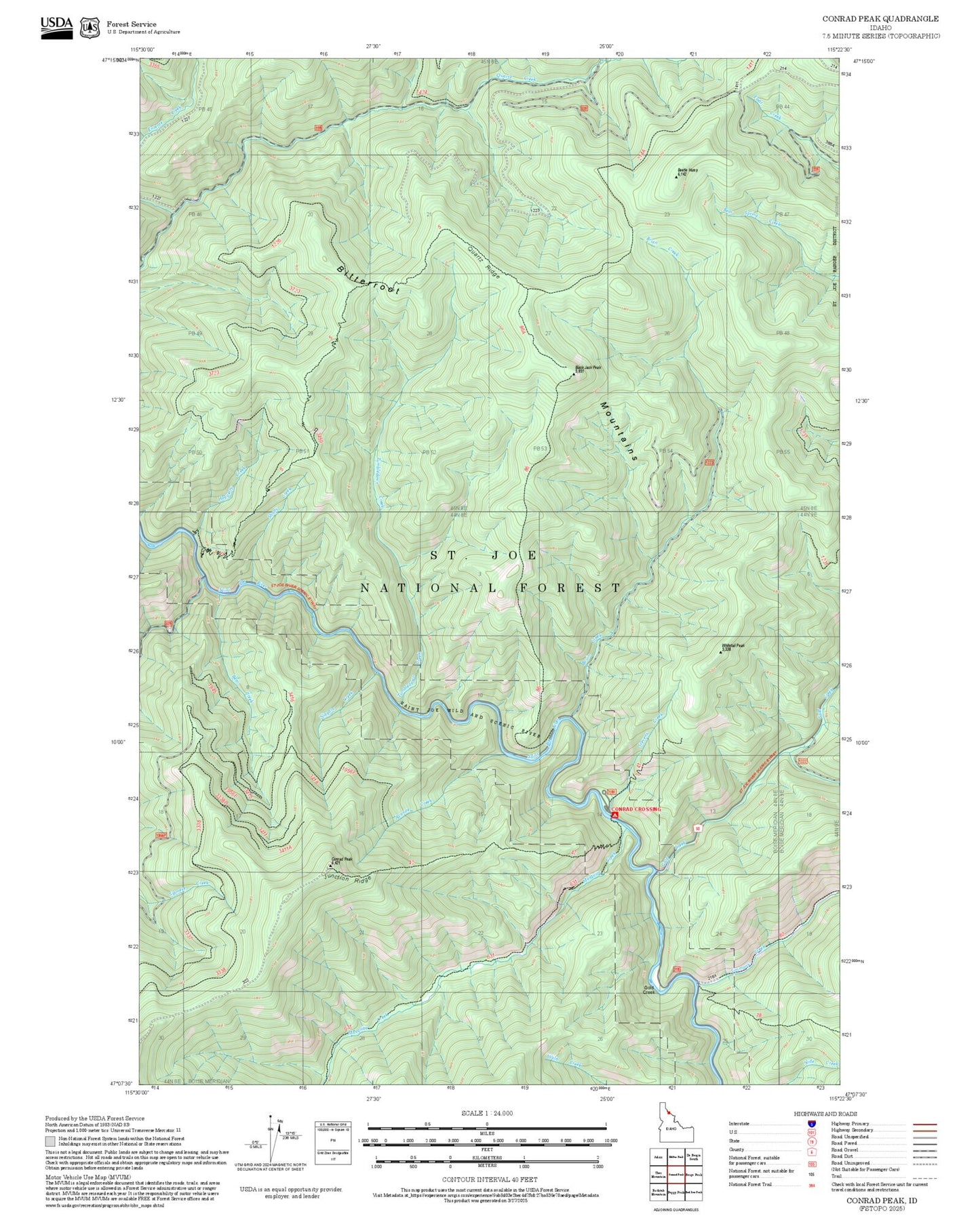 2025 Forest Service Topo Map of Conrad Peak Idaho