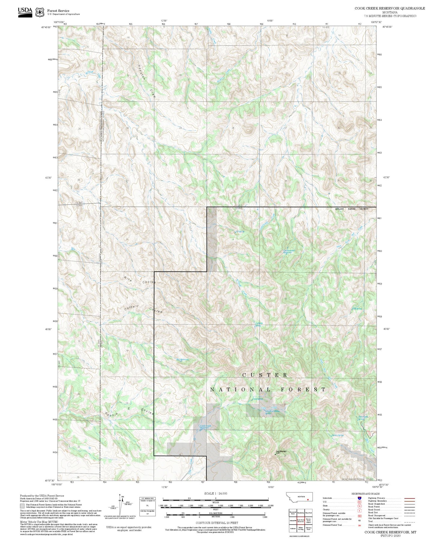 2025 Forest Service Topo Map of Cook Creek Reservoir Montana