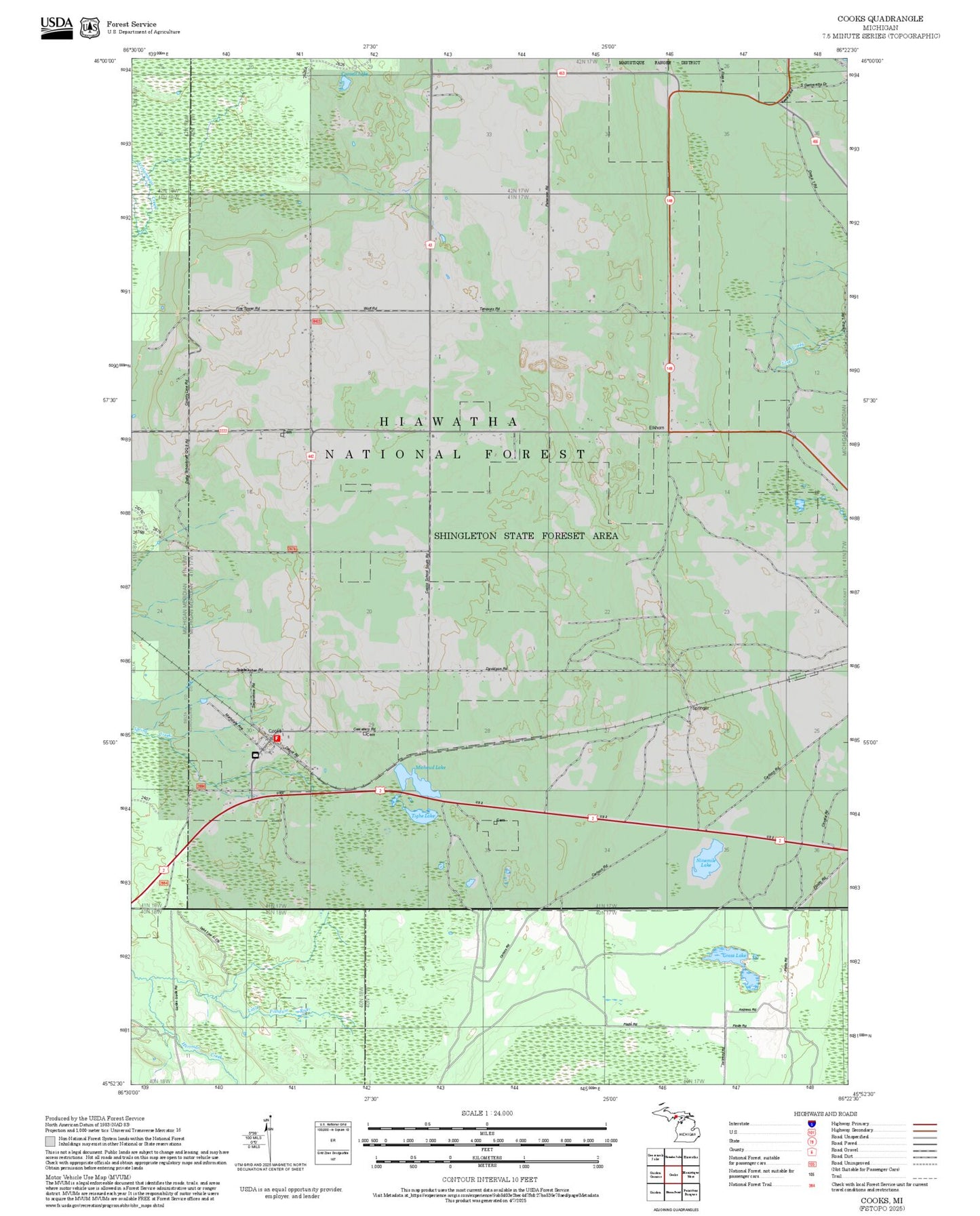 2025 Forest Service Topo Map of Cooks Michigan
