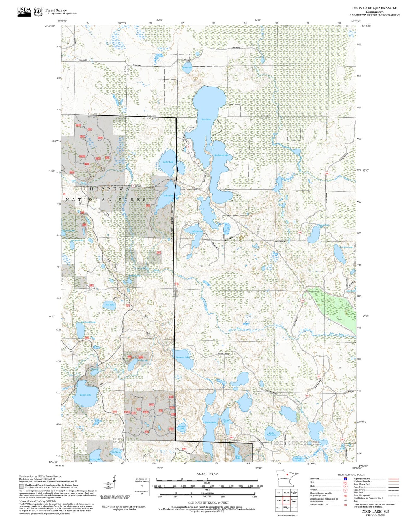 2025 Forest Service Topo Map of Coon Lake Minnesota