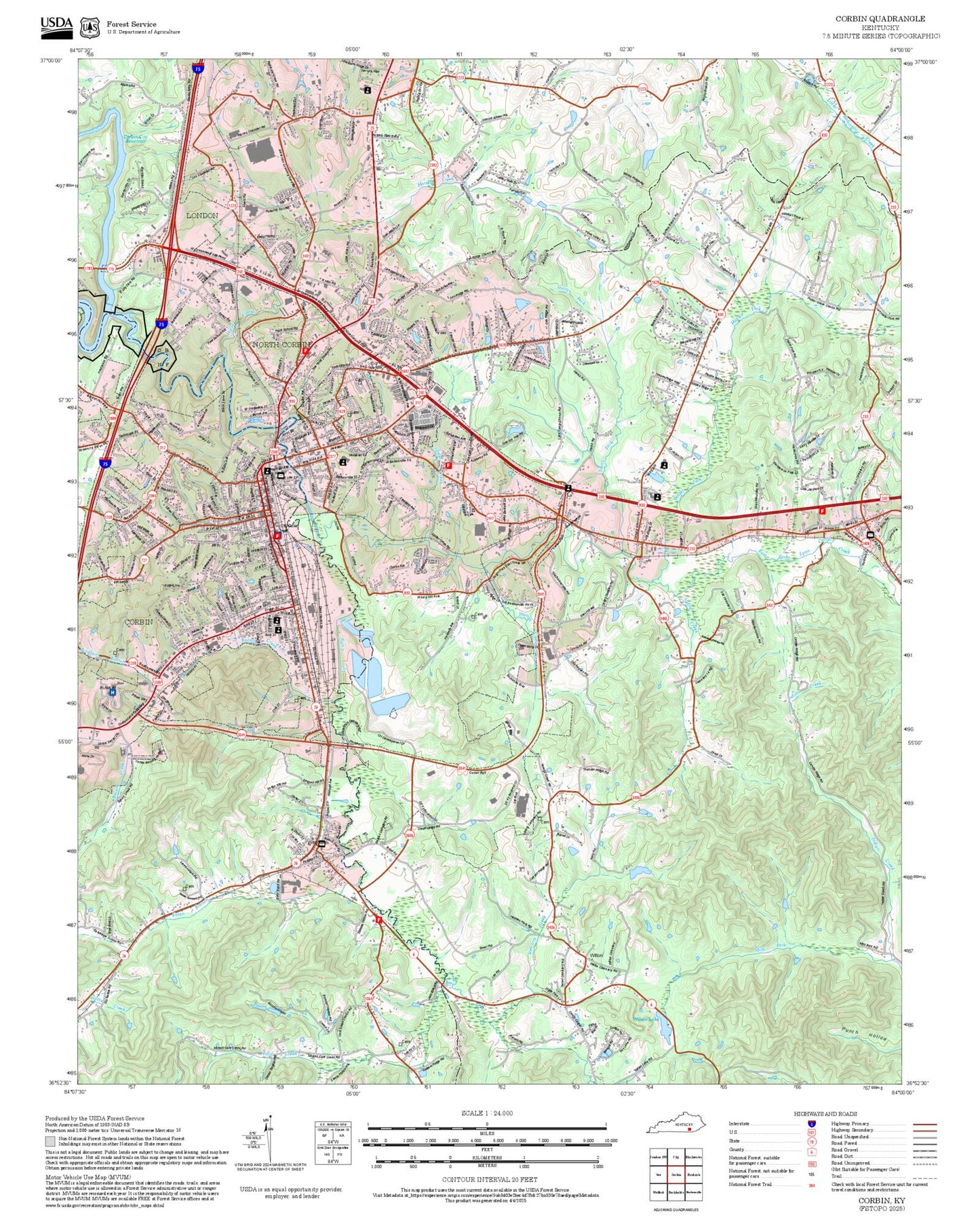 2025 Forest Service Topo Map of Corbin Kentucky