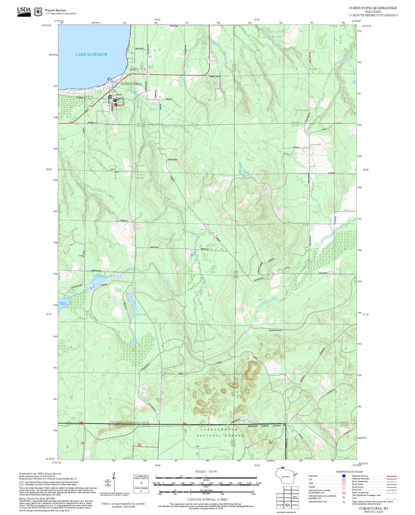 2025 Forest Service Topo Map of Cornucopia Wisconsin