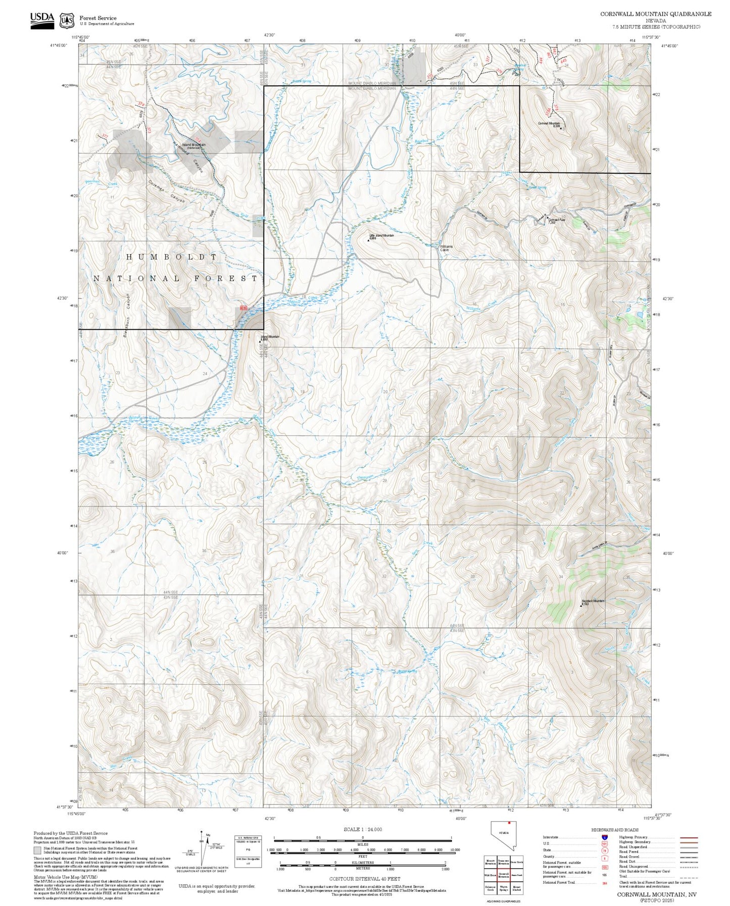 2025 Forest Service Topo Map of Cornwall Mountain Nevada