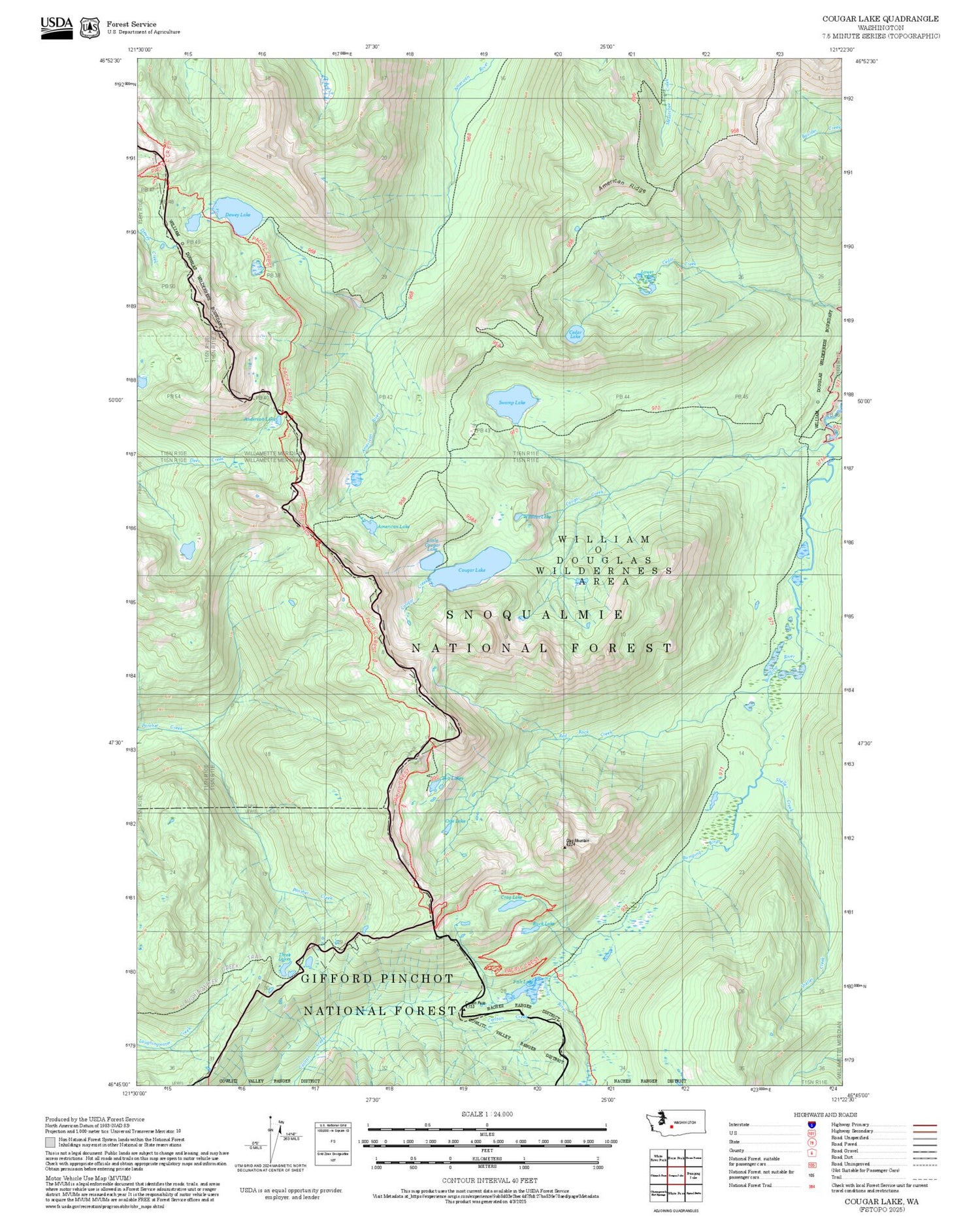 2025 Forest Service Topo Map of Cougar Lake Washington