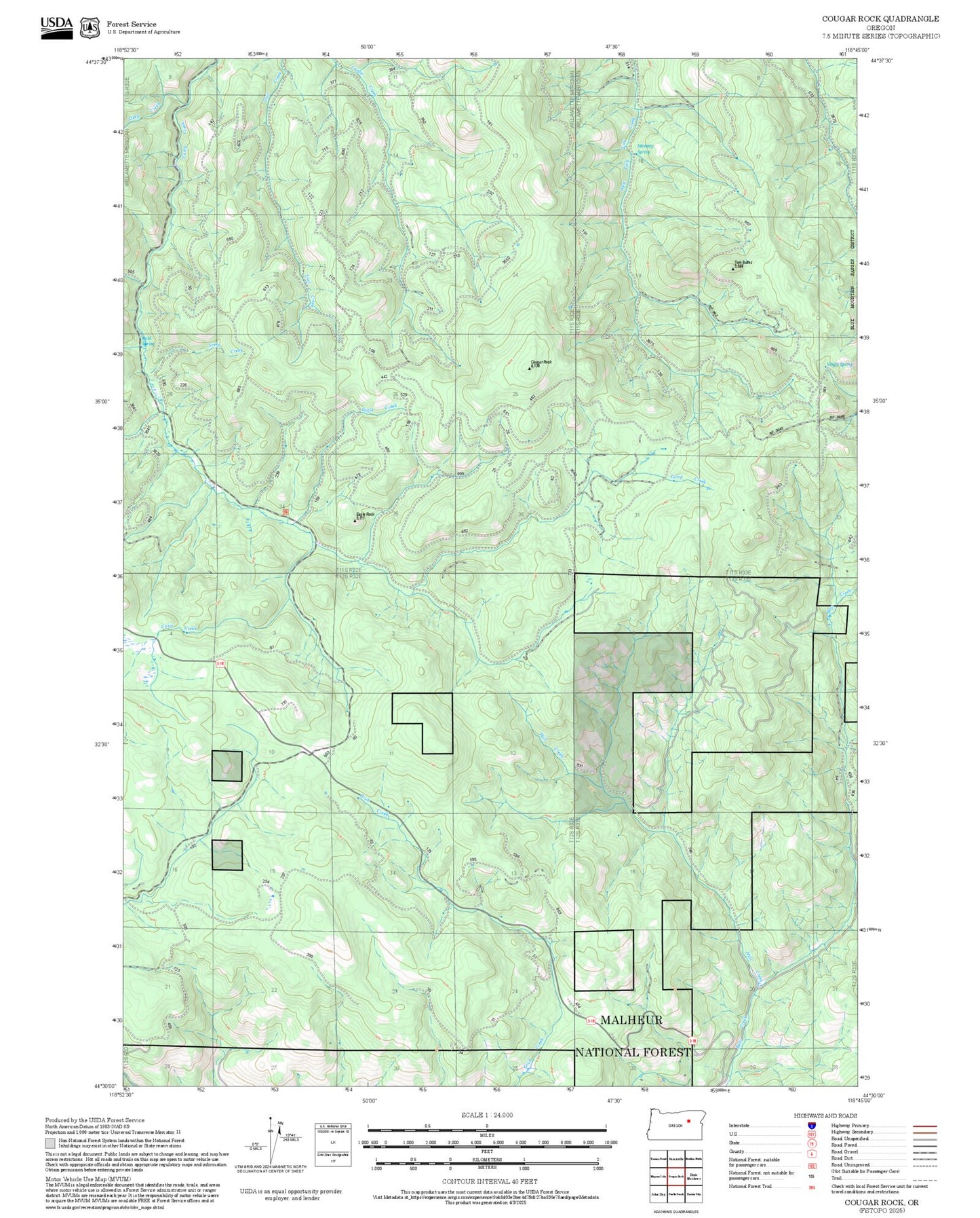 2025 Forest Service Topo Map of Cougar Rock Oregon