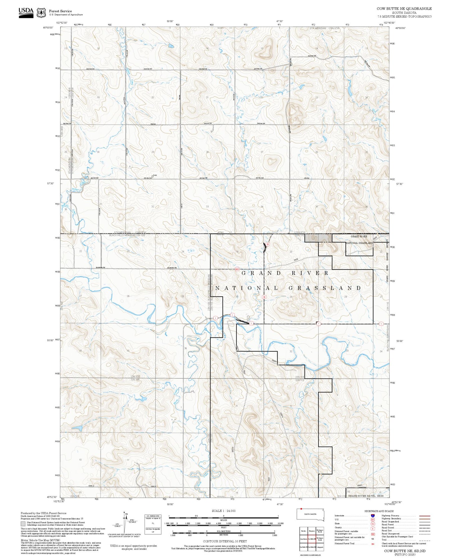 2025 Forest Service Topo Map of Cow Butte NE South Dakota