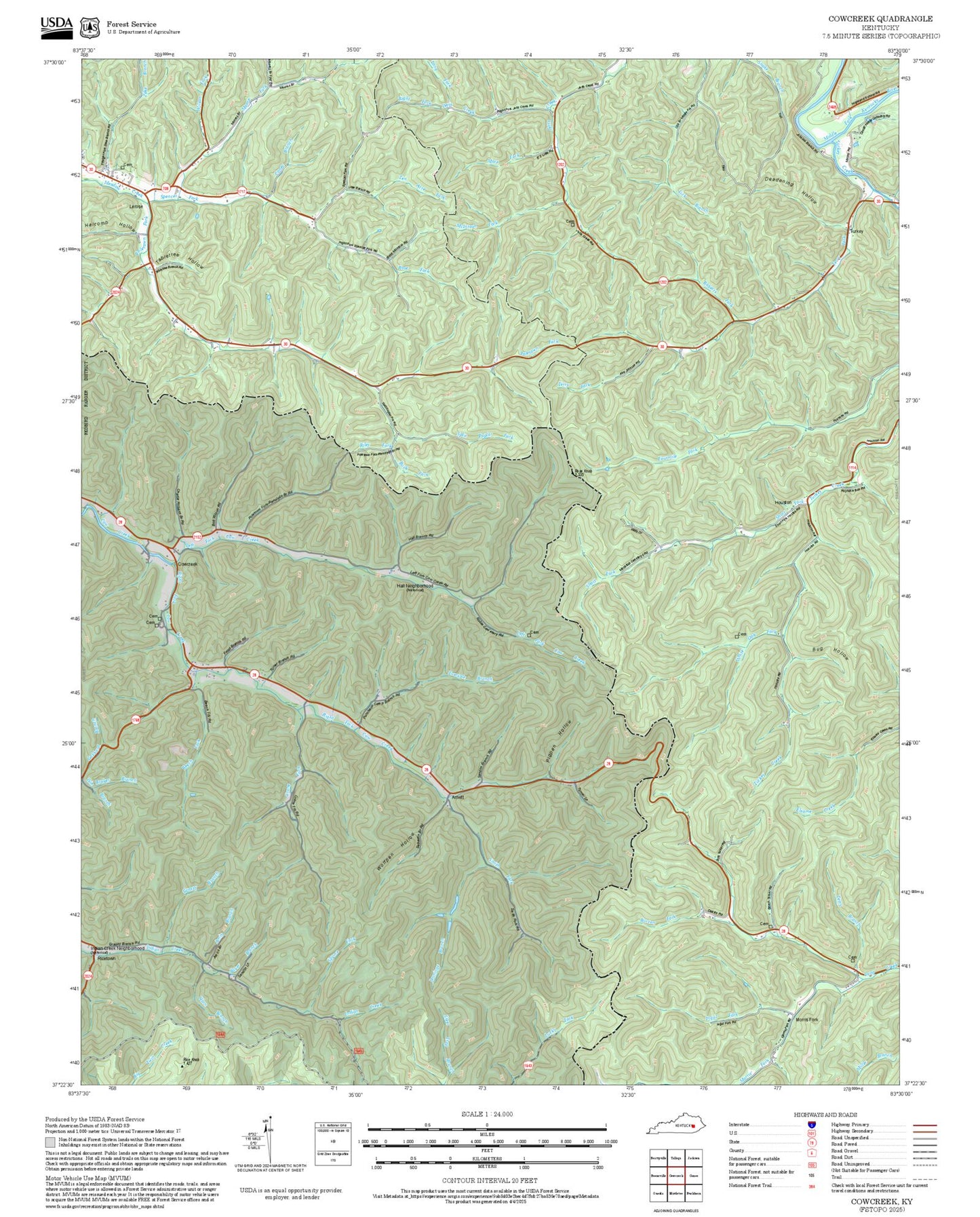 2025 Forest Service Topo Map of Cowcreek Kentucky