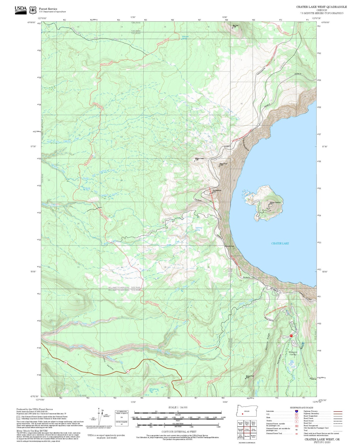 2025 Forest Service Topo Map of Crater Lake West Oregon