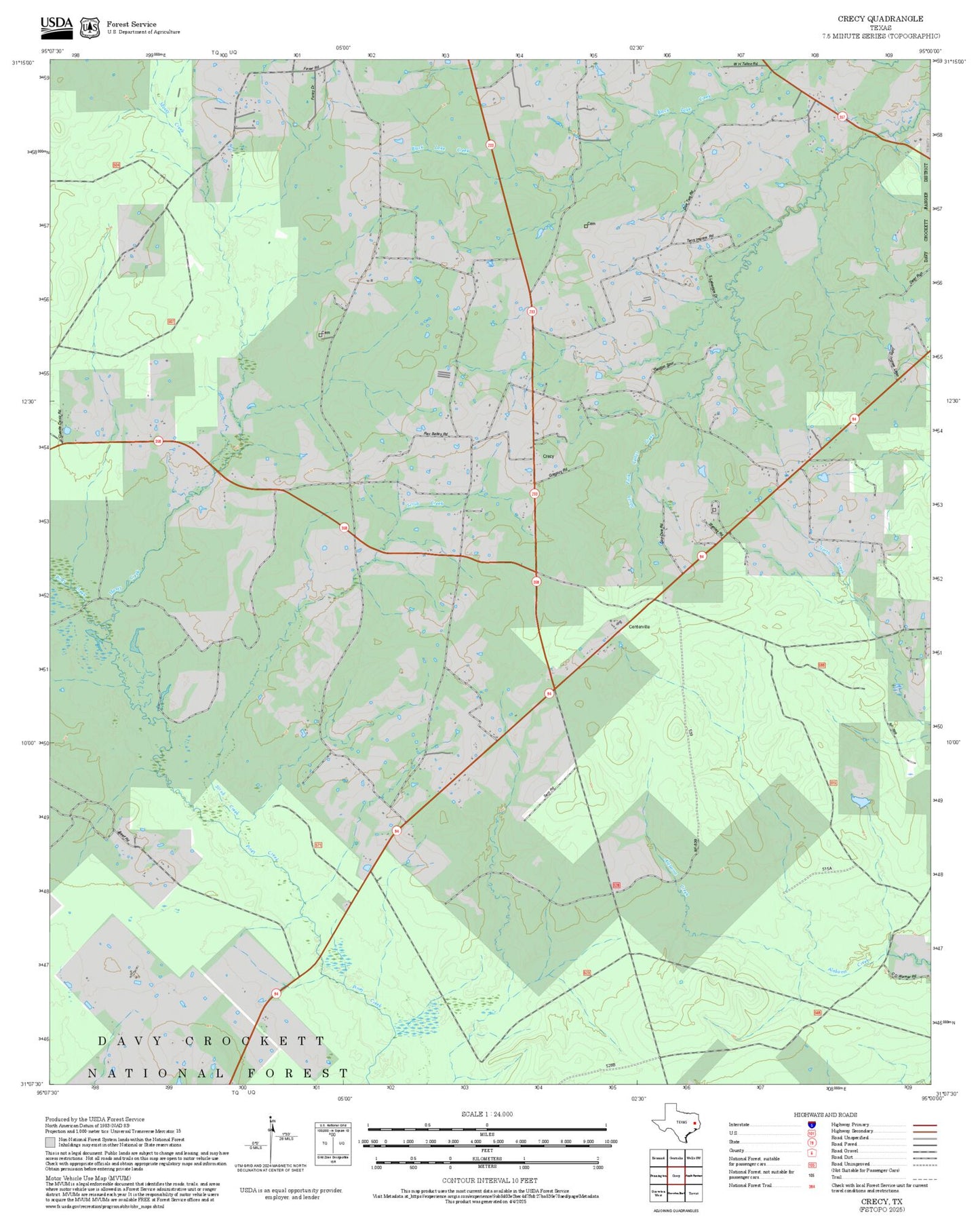 2025 Forest Service Topo Map of Crecy Texas