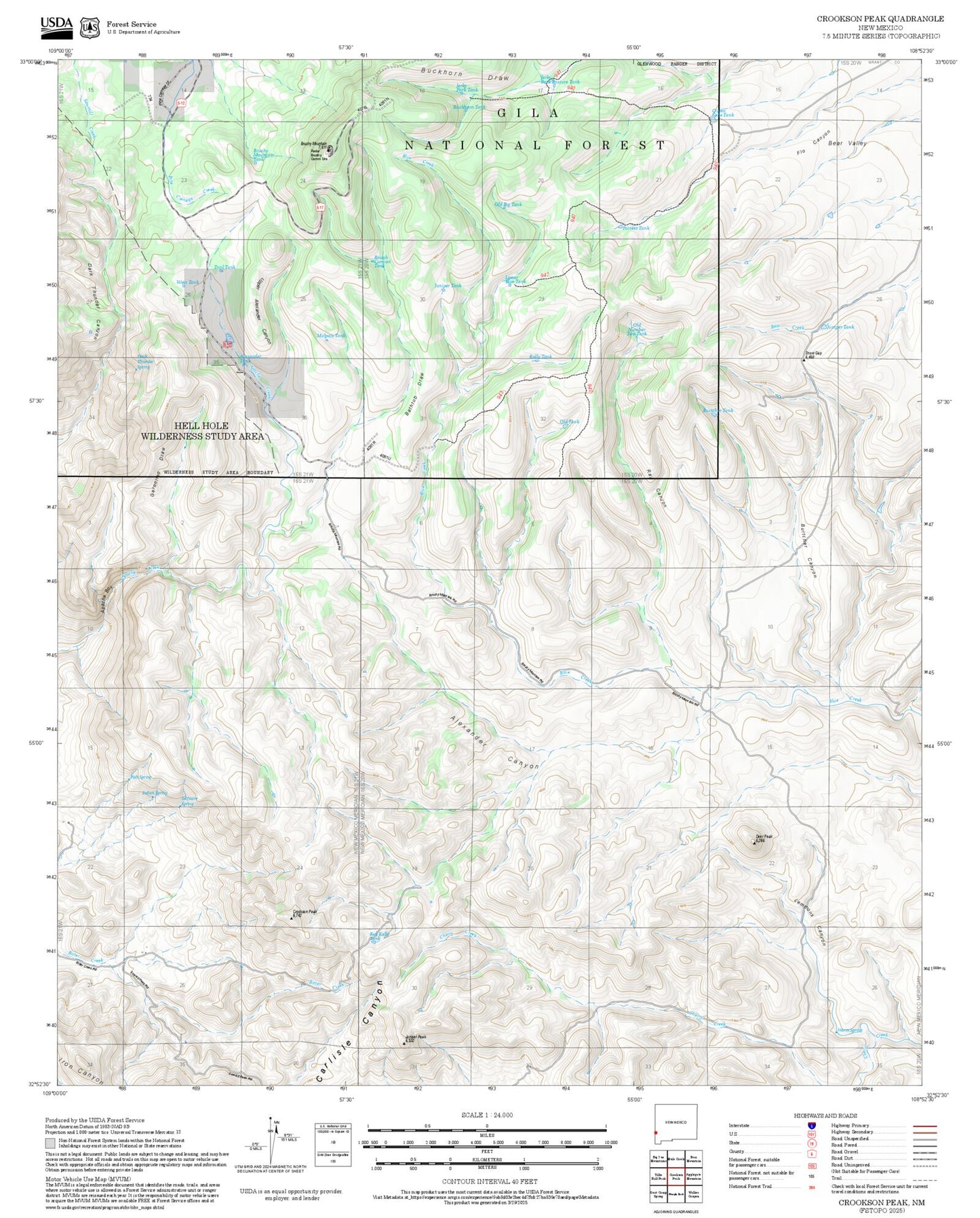 2025 Forest Service Topo Map of Crookson Peak New Mexico