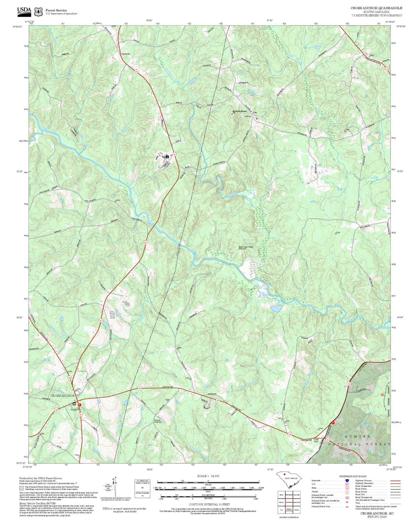 2025 Forest Service Topo Map of Cross Anchor South Carolina