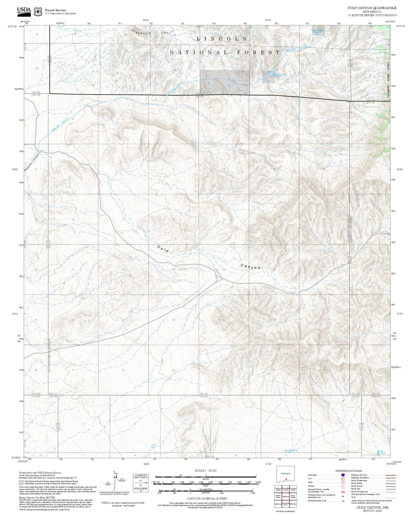 2025 Forest Service Topo Map of Culp Canyon New Mexico