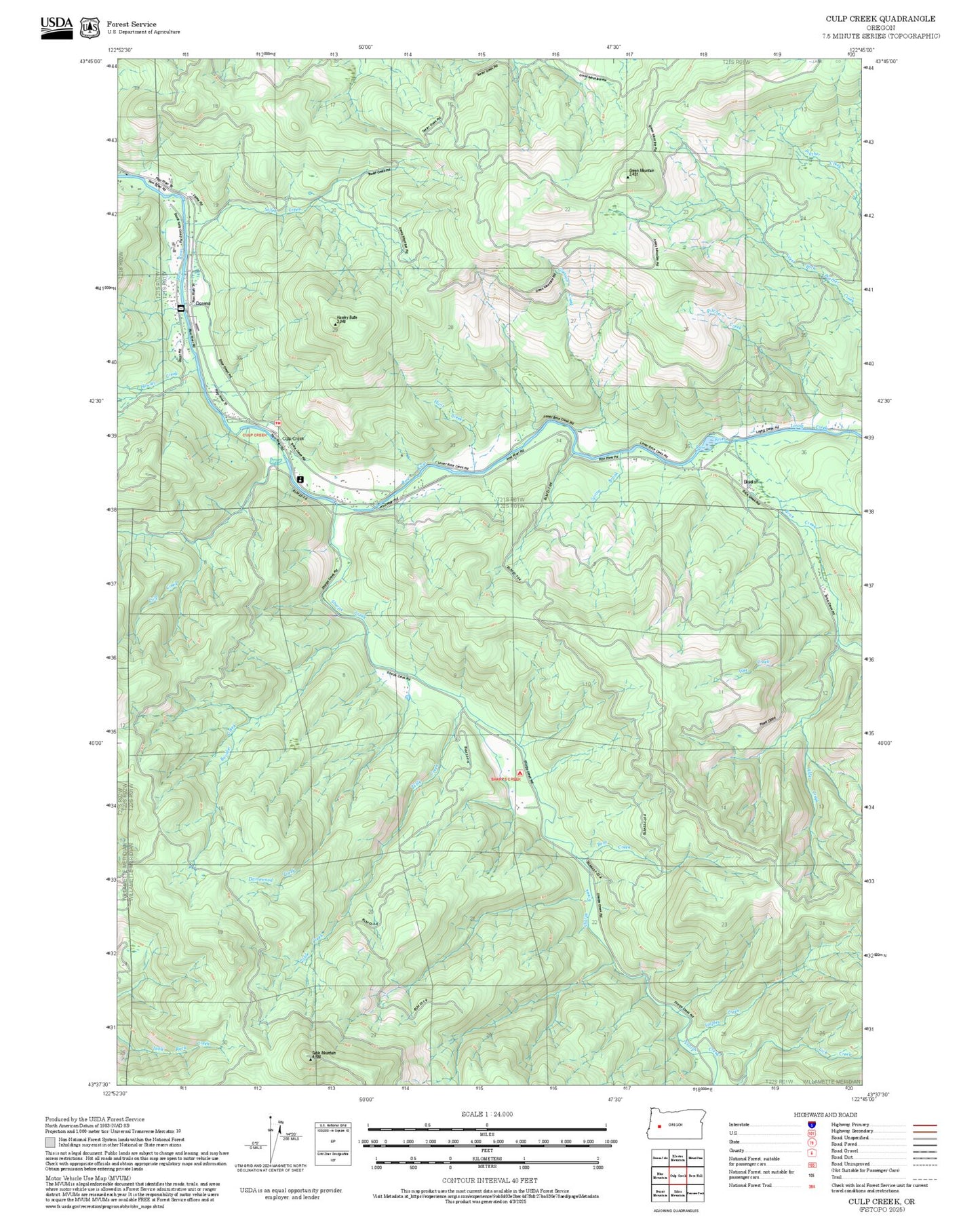 2025 Forest Service Topo Map of Culp Creek Oregon