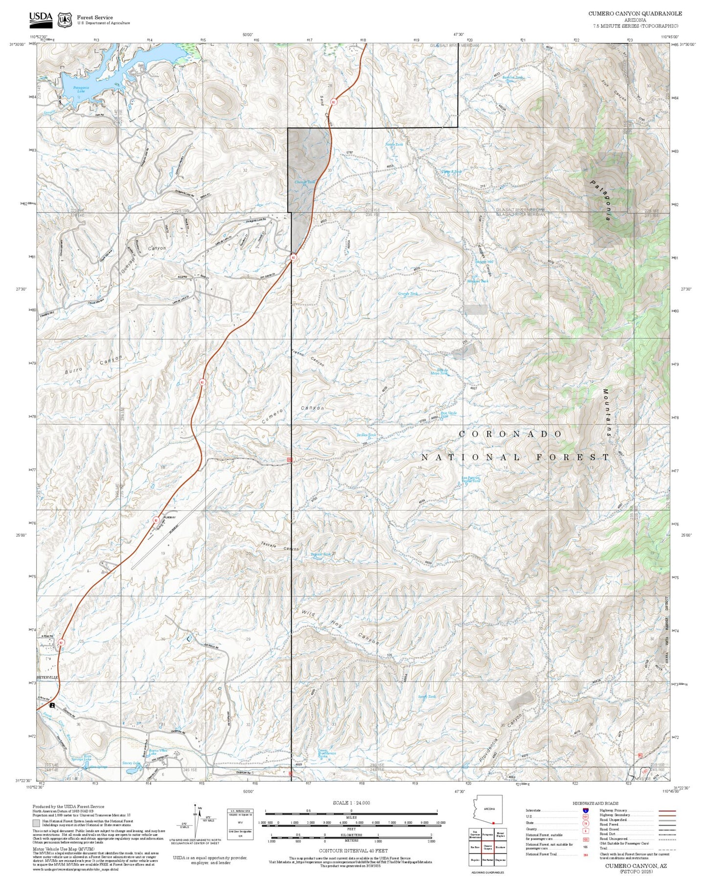 2025 Forest Service Topo Map of Cumero Canyon Arizona