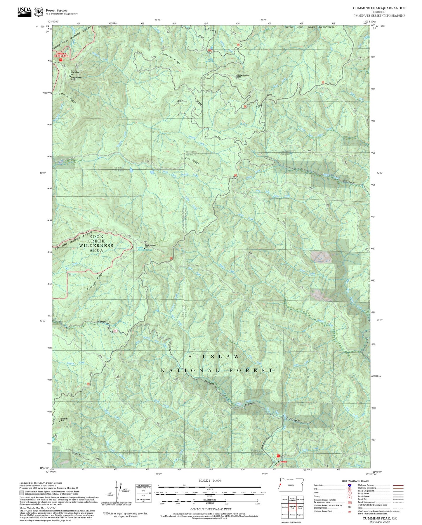 2025 Forest Service Topo Map of Cummins Peak Oregon