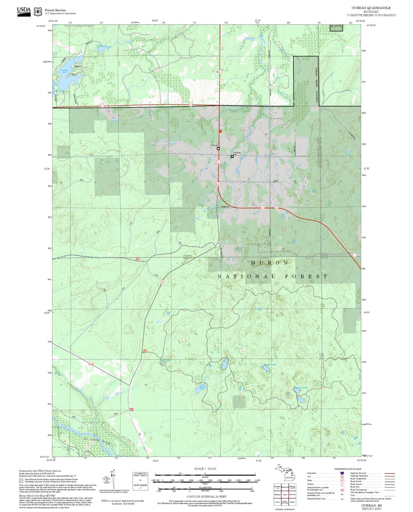 2025 Forest Service Topo Map of Curran Michigan