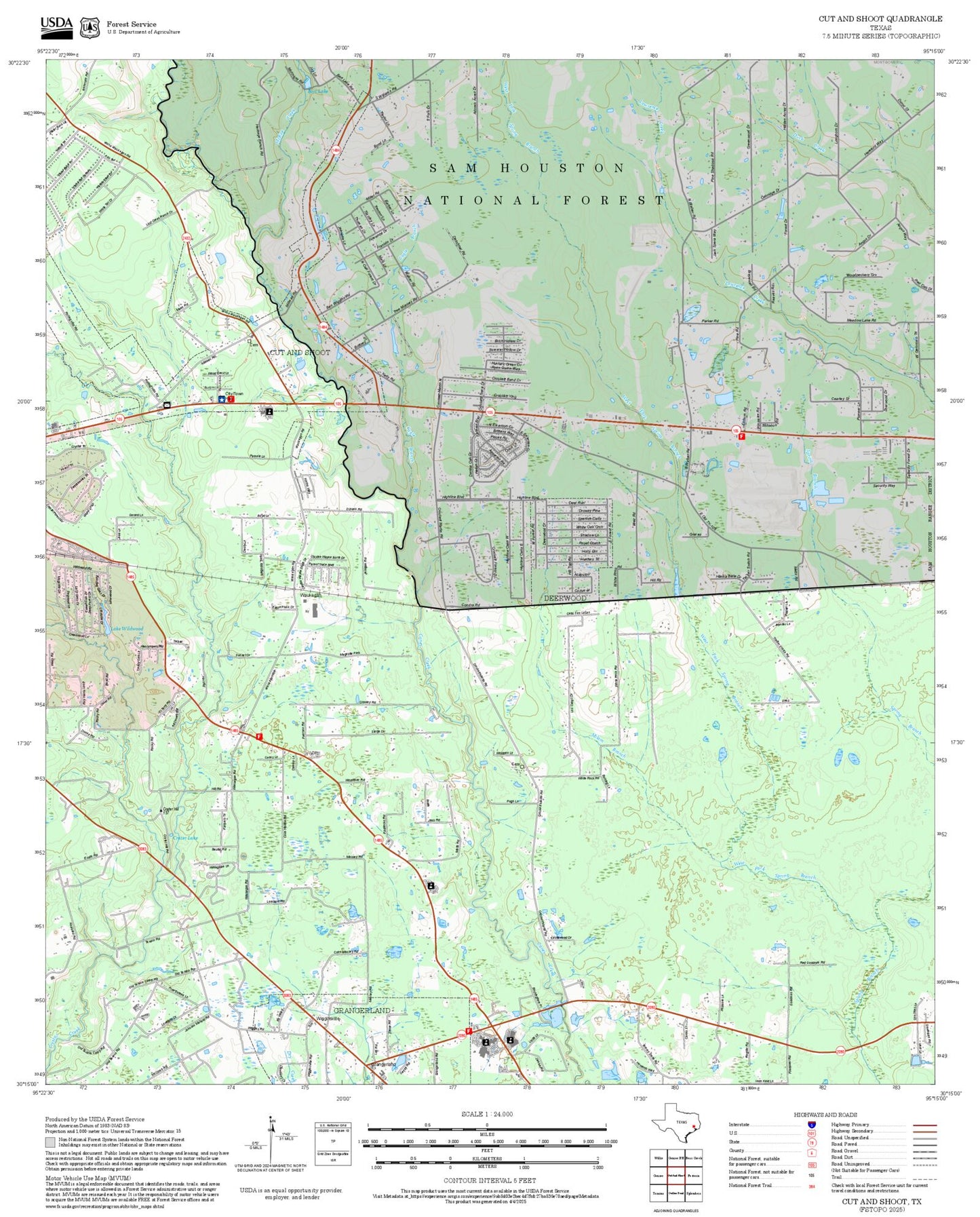 2025 Forest Service Topo Map of Cut And Shoot Texas