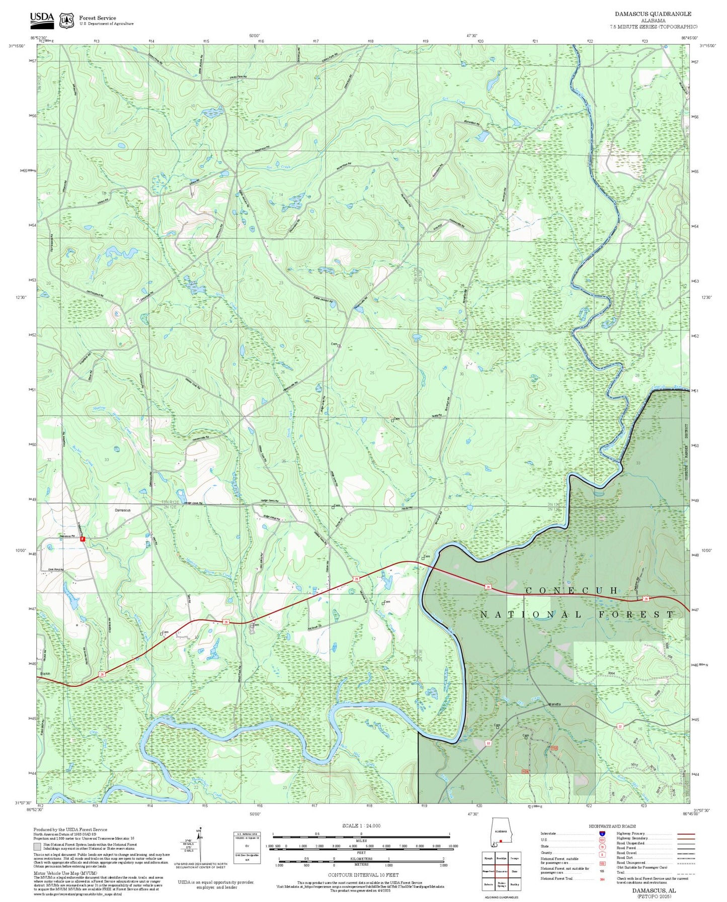 2025 Forest Service Topo Map of Damascus Alabama