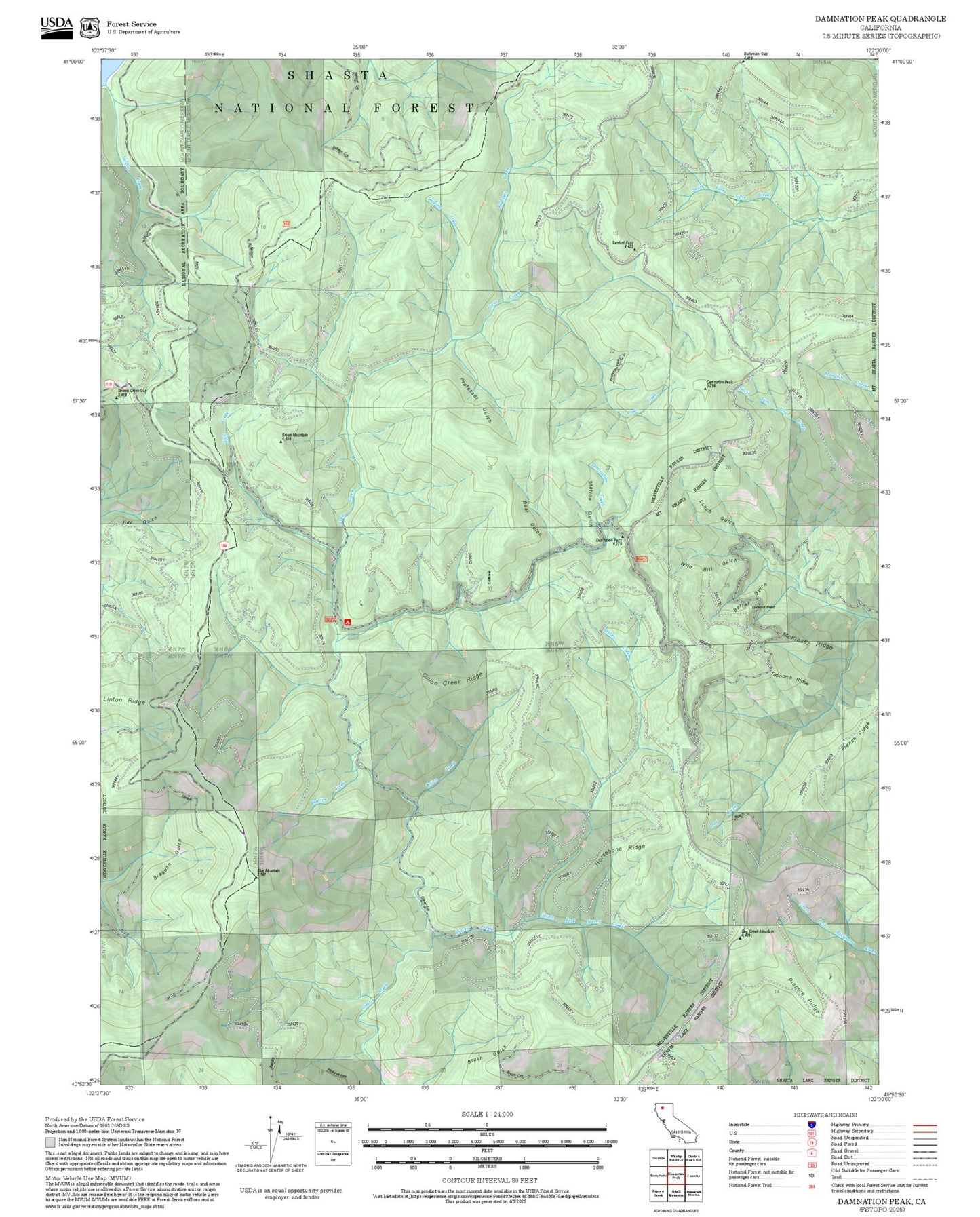 2025 Forest Service Topo Map of Damnation Peak California