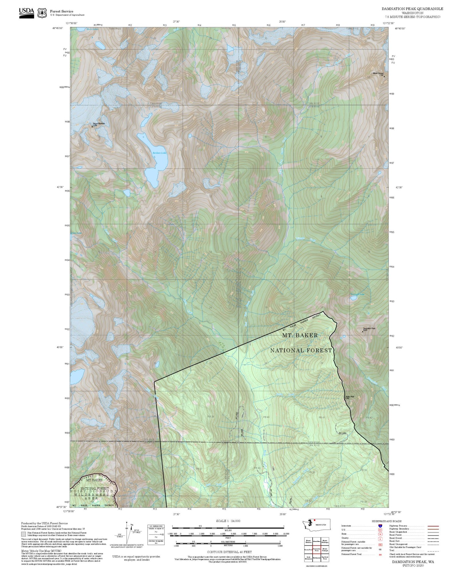 2025 Forest Service Topo Map of Damnation Peak Washington
